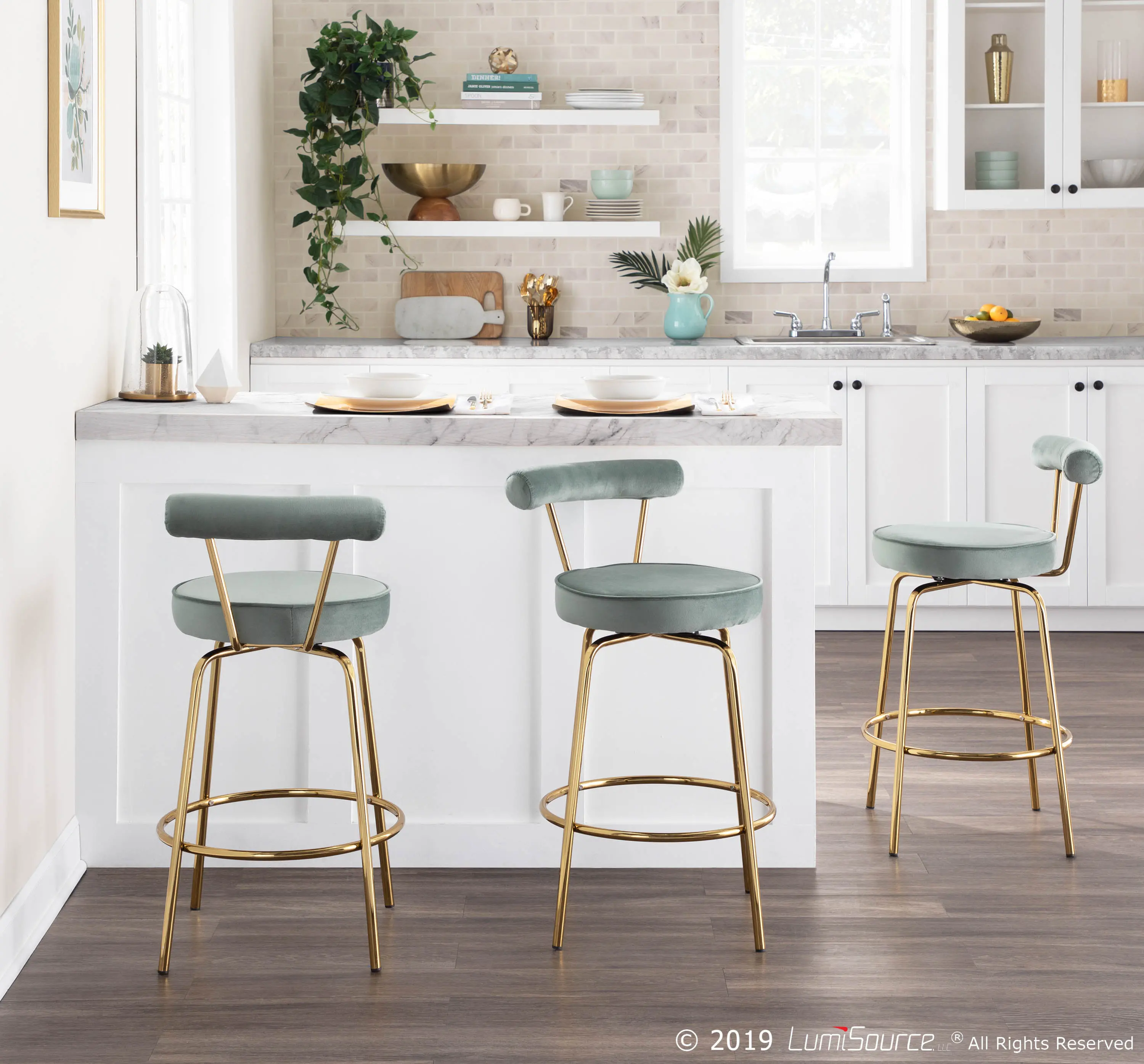 B26-RHONDA AULGN2 Contemporary Sage Green and Gold Swivel Counter Height Stool (Set of 2) - Rhonda-2