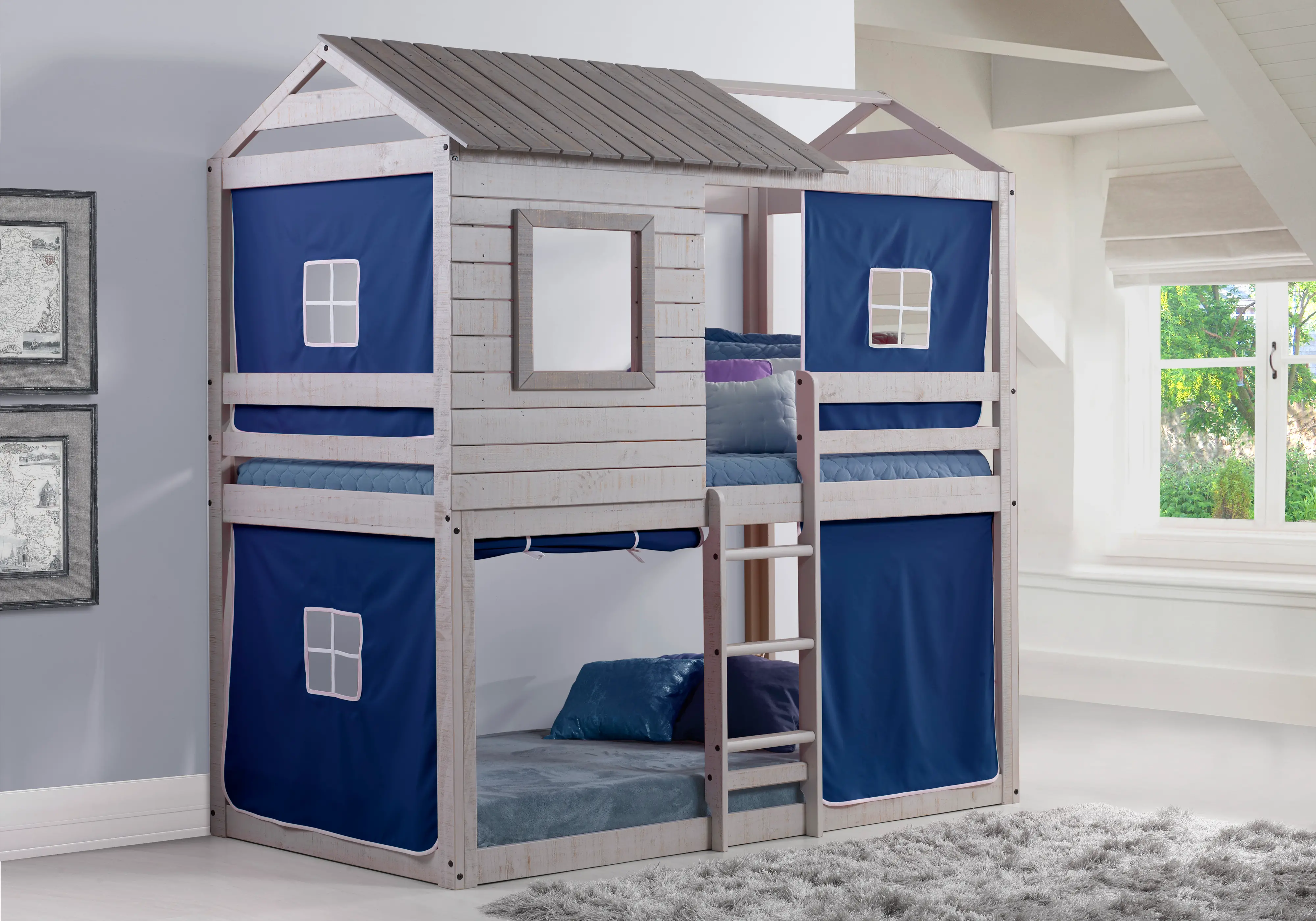 Rustic Gray Twin over Twin Bunk Bed with Blue Tent - Tree Fort-1