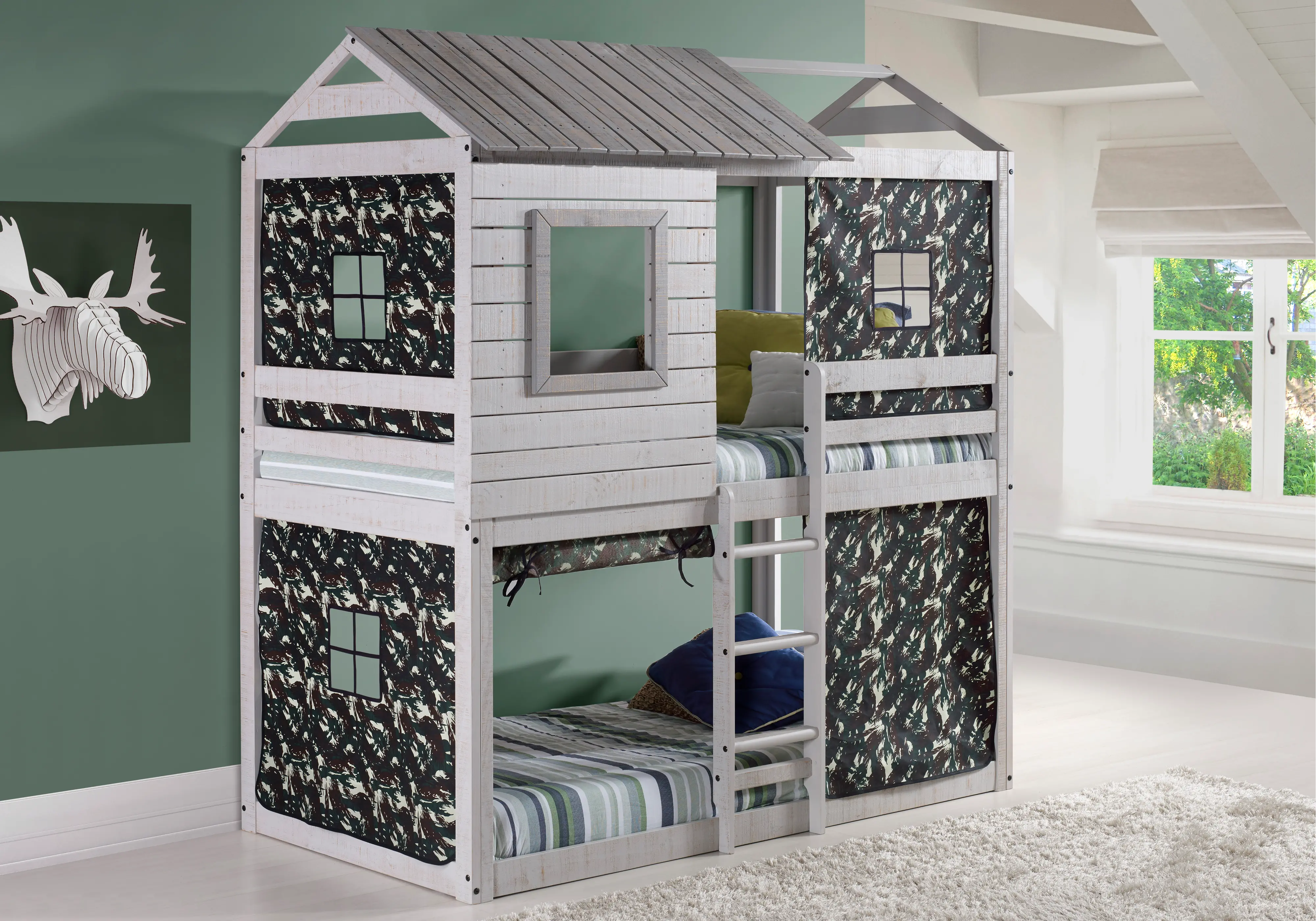 Rustic Gray Twin over Twin Bunk Bed with Camo Tent - Tree Fort-2