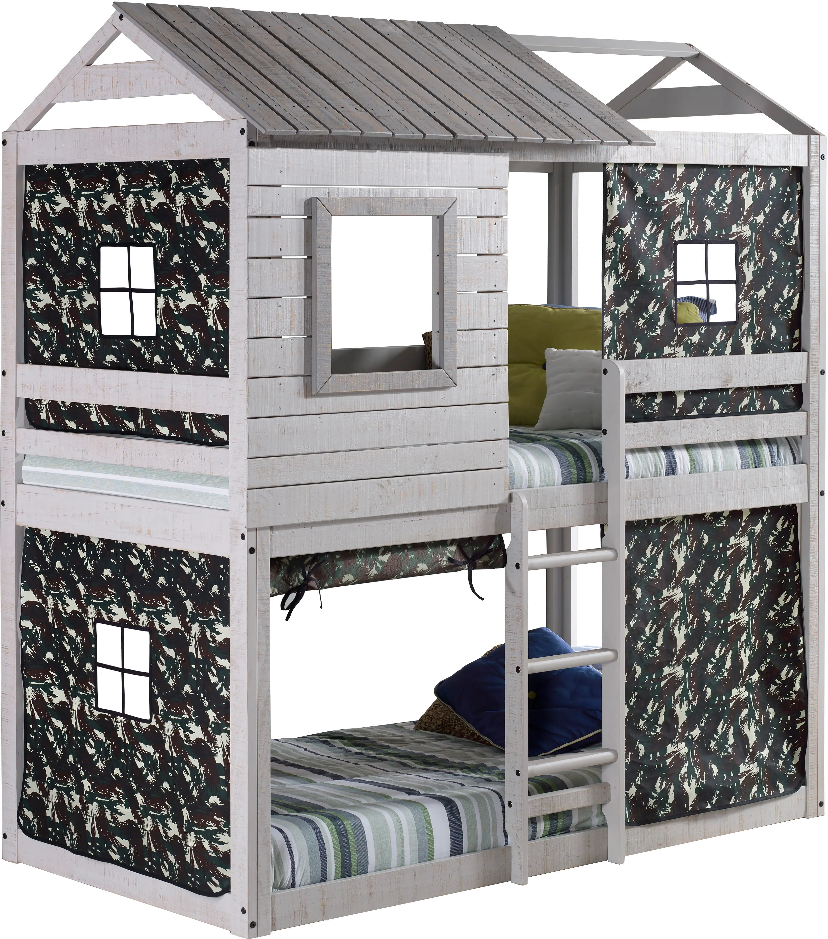Rustic Gray Twin over Twin Bunk Bed with Camo Tent - Tree Fort-1