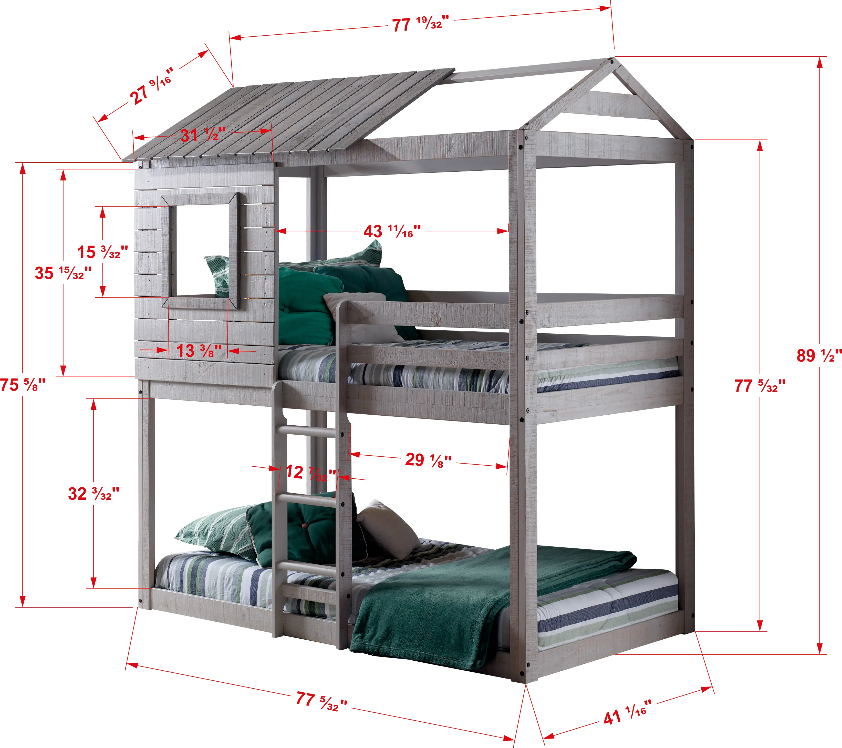 Rustic Gray Twin over Twin Bunk Bed with Pink Tent - Tree Fort-3