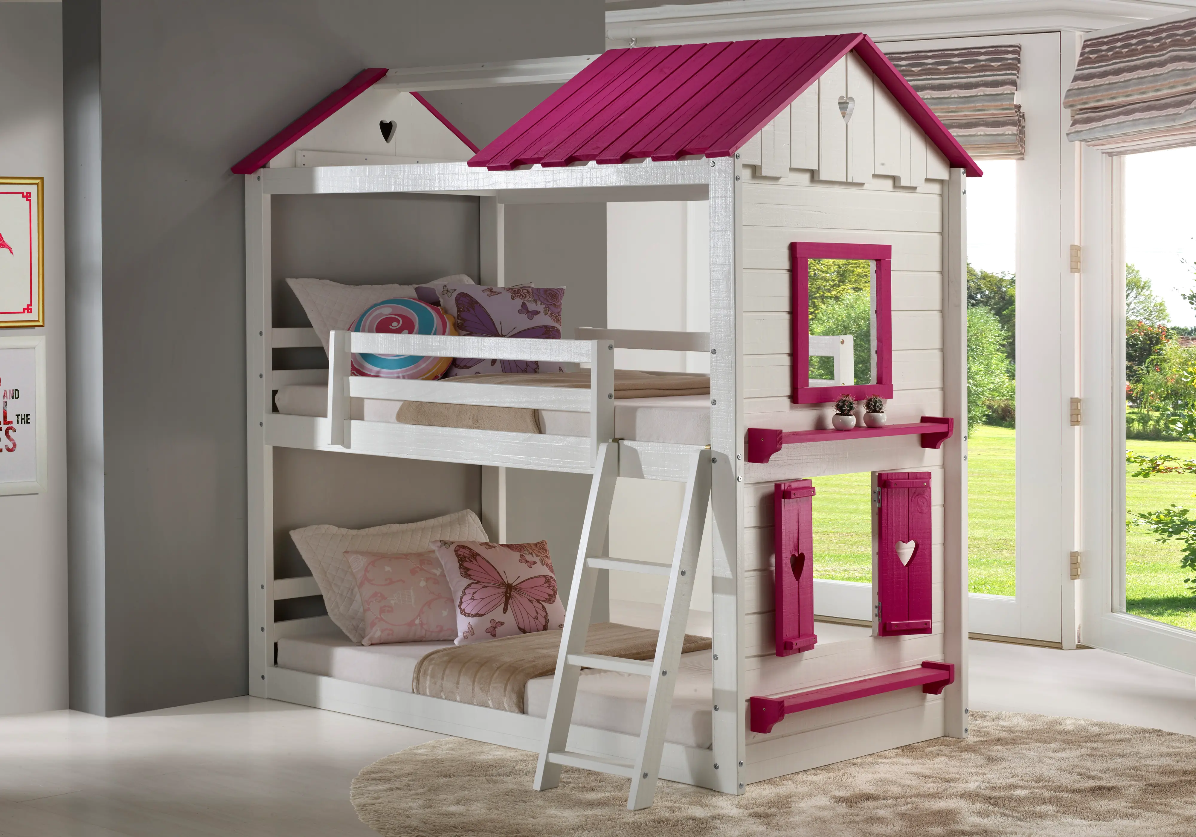 White and Pink Twin over Twin Bunk Bed - Sweetheart-1