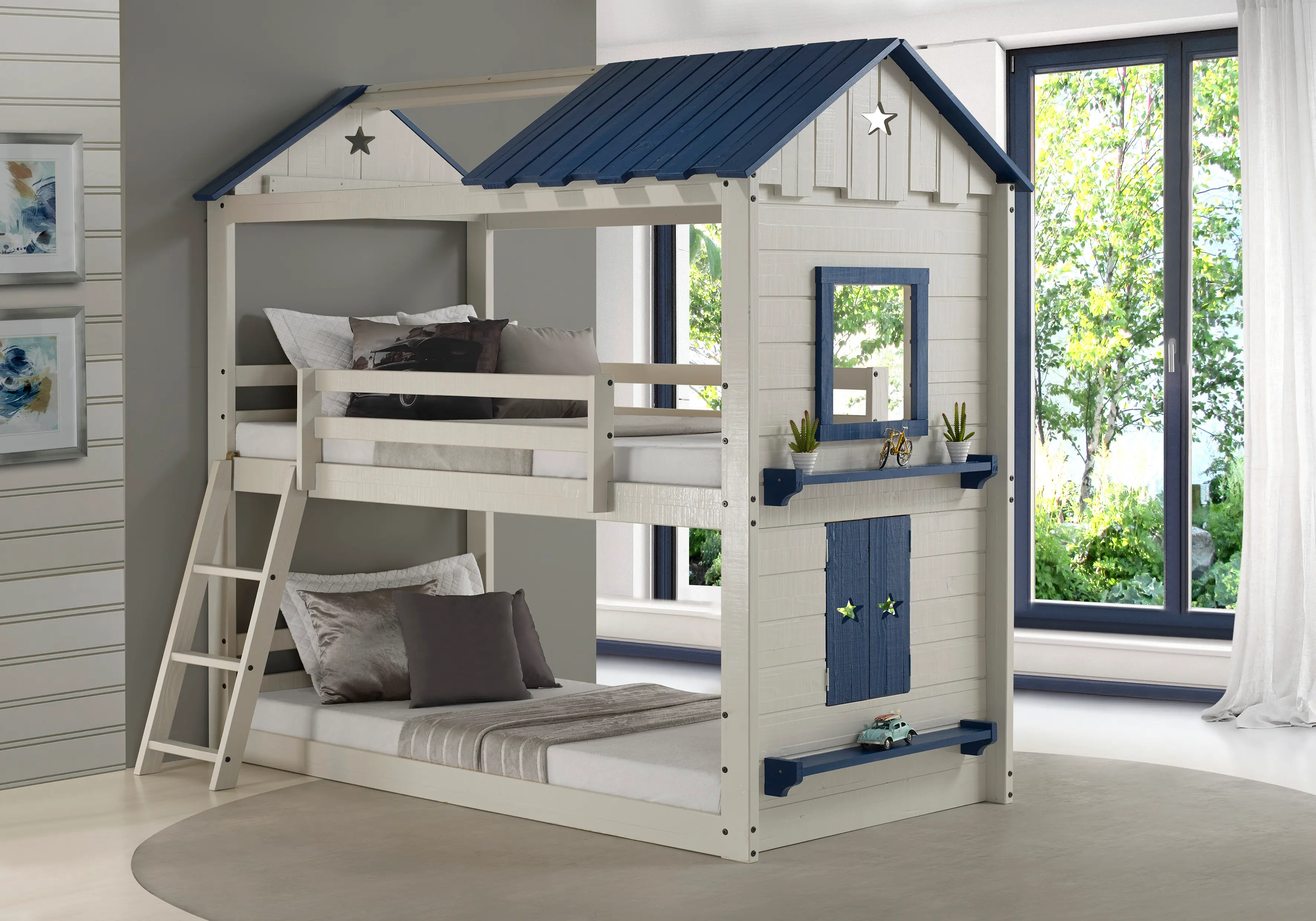 White and Blue Twin-over-Twin Bunk Bed - Star Gaze-2