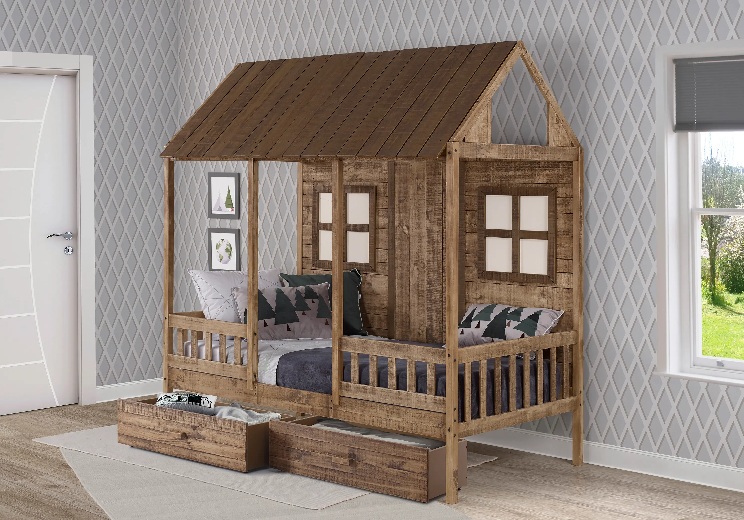 Rustic Driftwood Twin Low Loft Bed with Storage - Front Porch-2