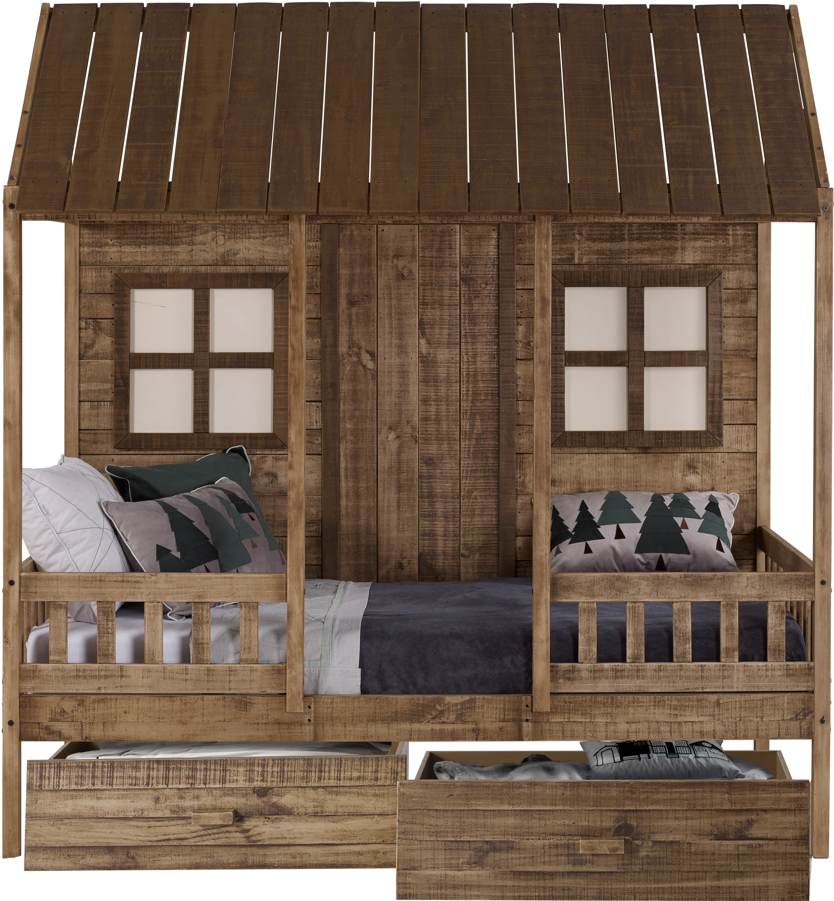 Rustic Driftwood Twin Low Loft Bed with Storage - Front Porch-1