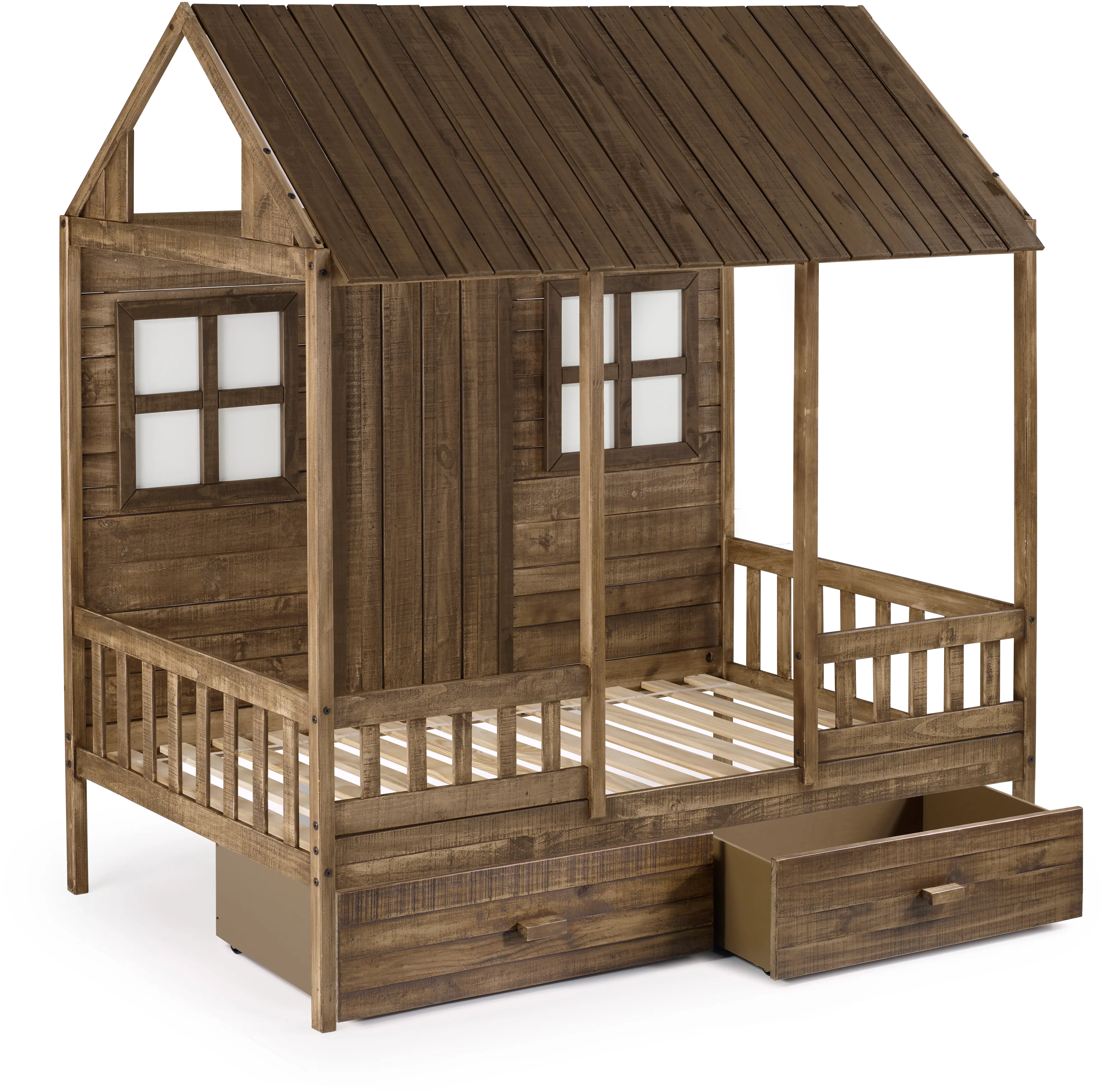 Rustic Driftwood Twin Low Loft Bed with Storage - Front Porch-4