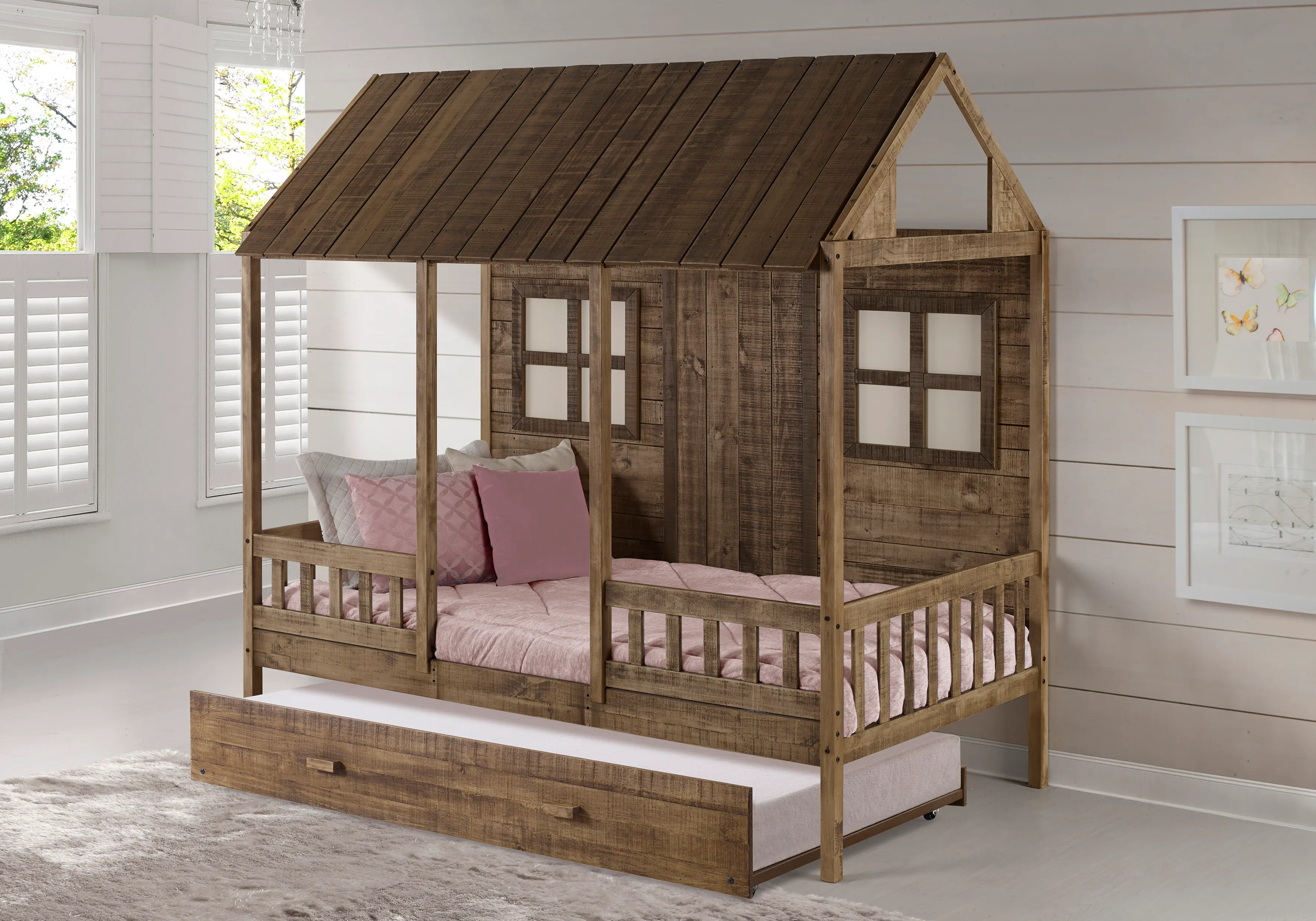 Rustic Driftwood Twin Low Loft Bed with Trundle - Front Porch-2