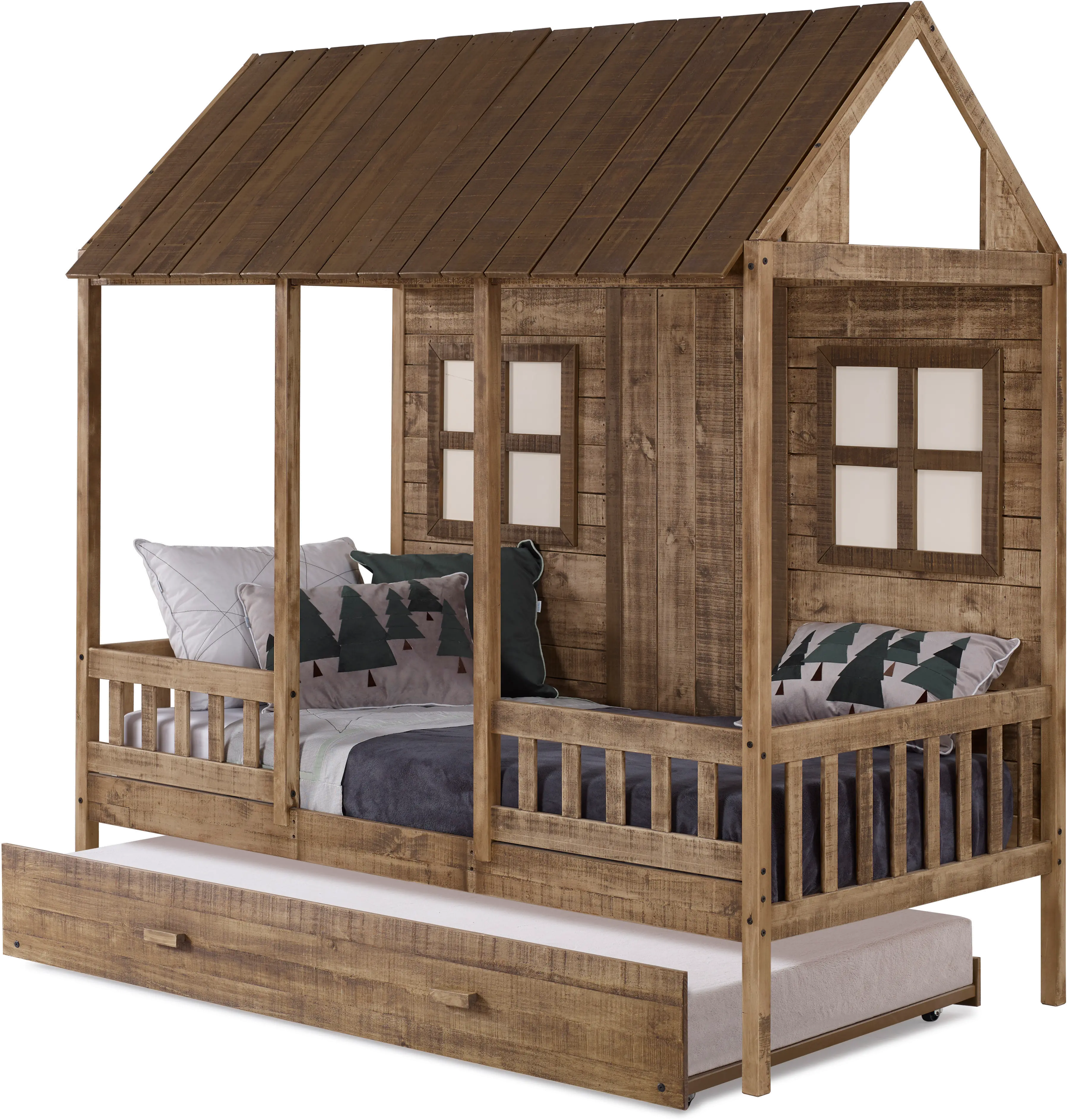 Rustic Driftwood Twin Low Loft Bed with Trundle - Front Porch-1