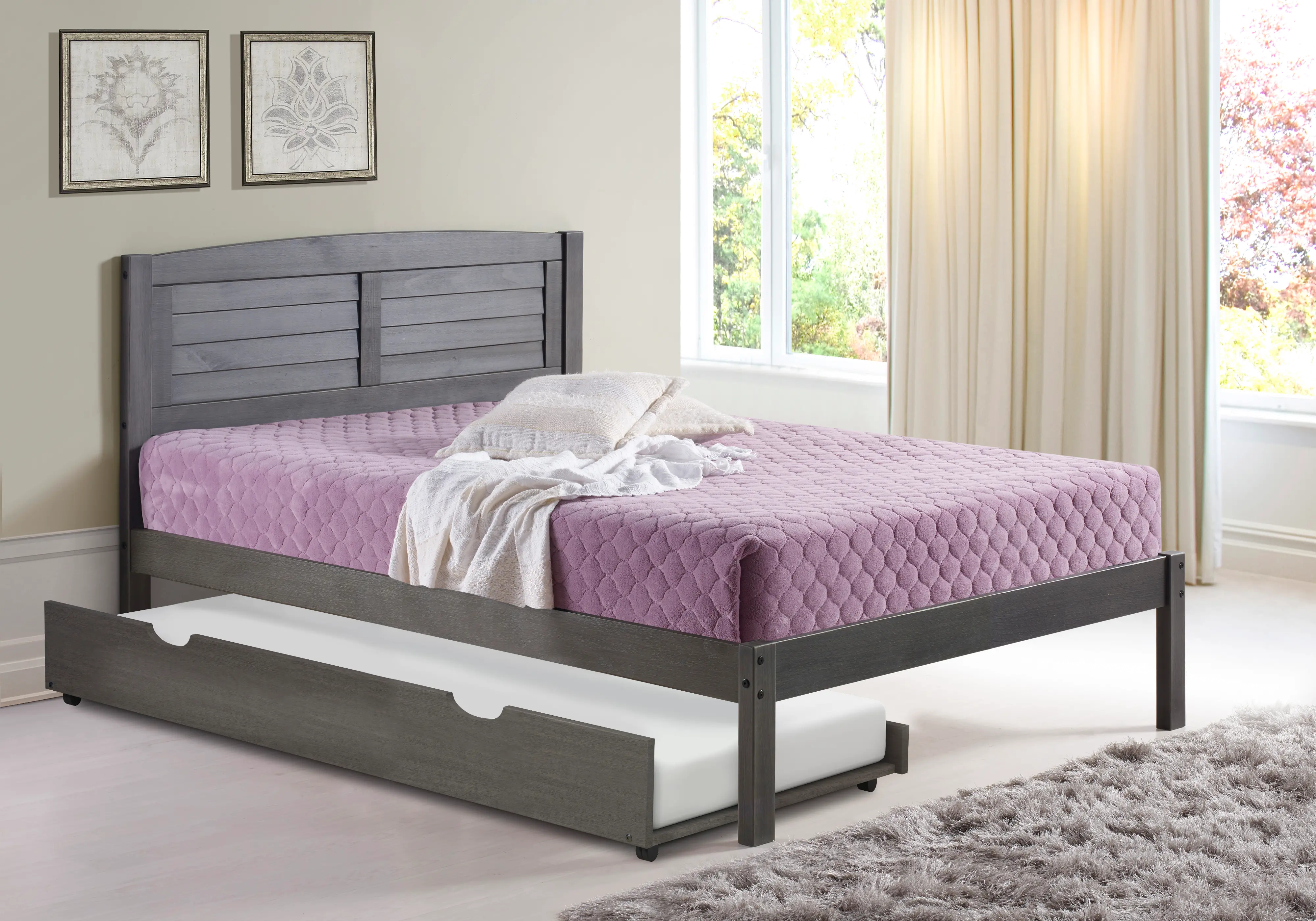 Antique Gray Full Platform Bed with Trundle - Louver-1