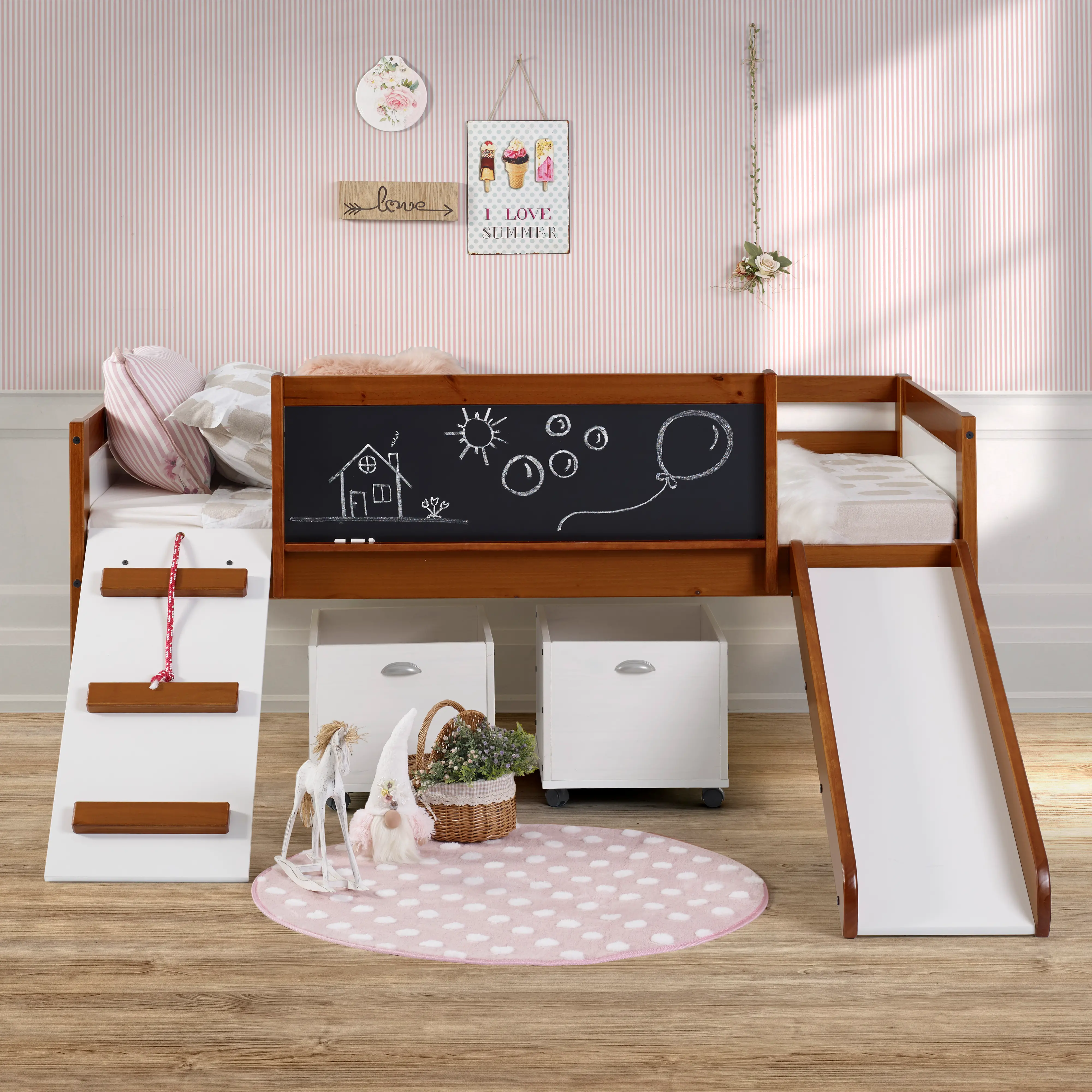 Brown and White Twin Low Loft Bed with Storage - Junior-2