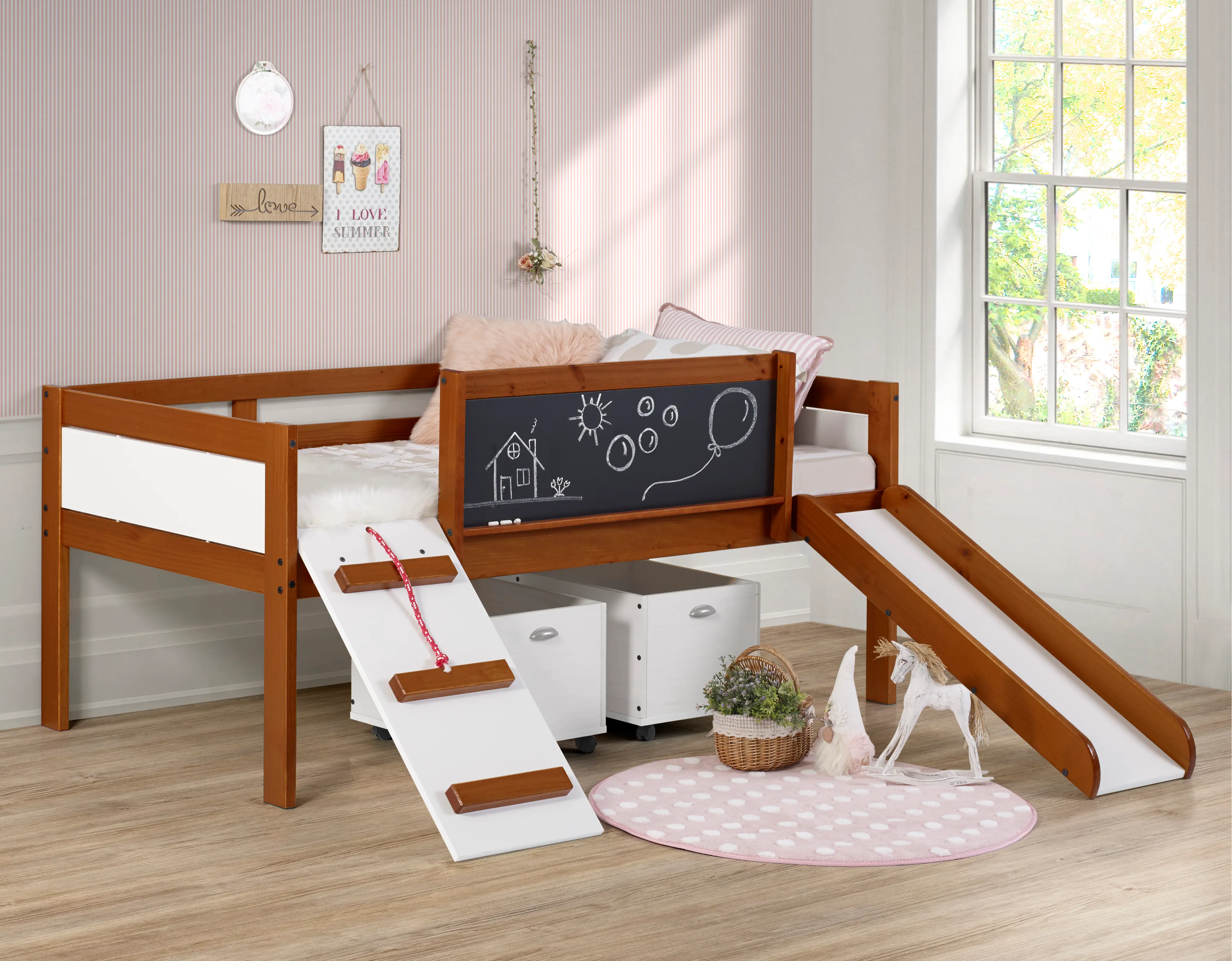 Brown and White Twin Low Loft Bed with Storage - Junior-3
