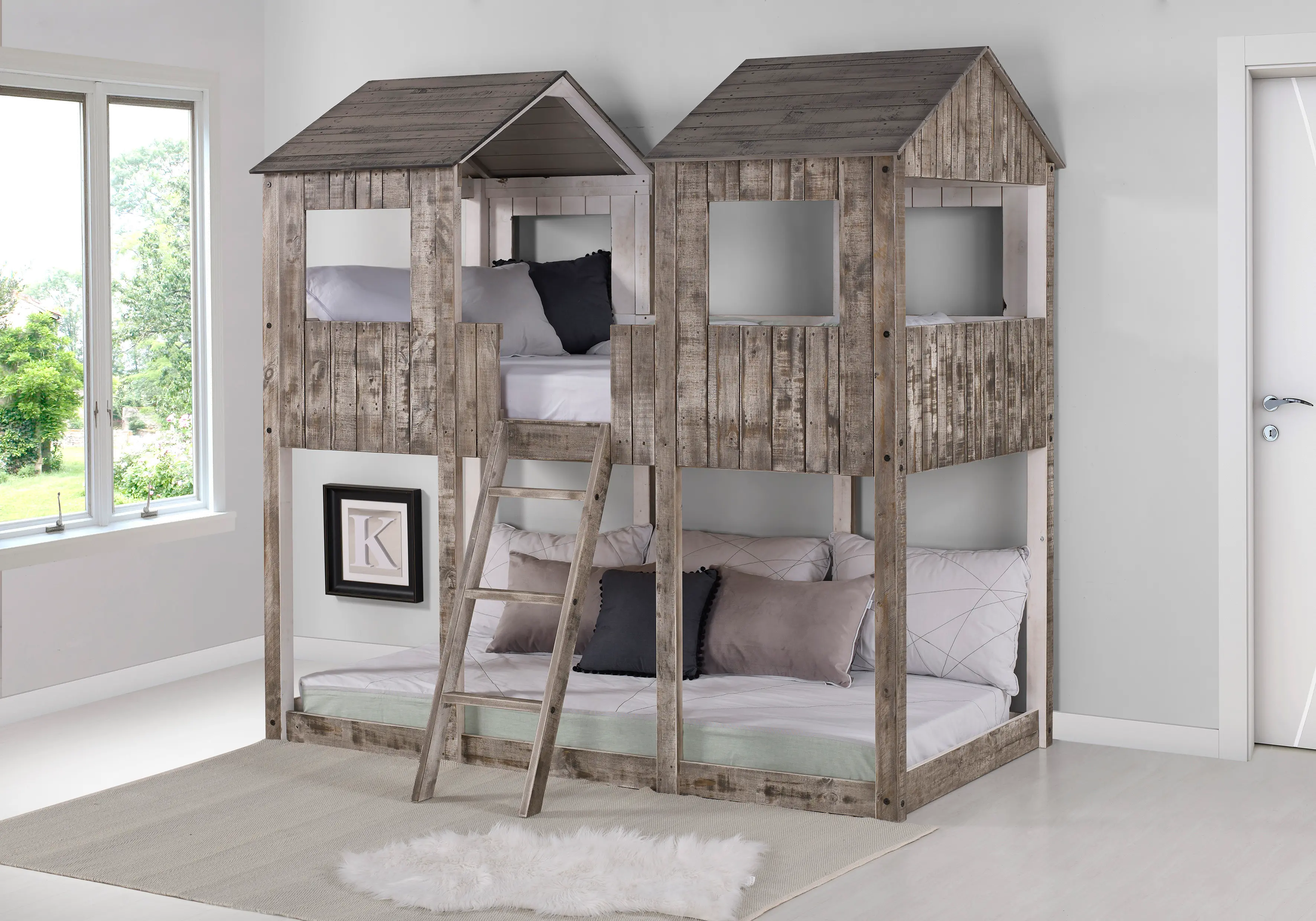 Rustic White Twin over Twin Bunk Bed - Tower-2