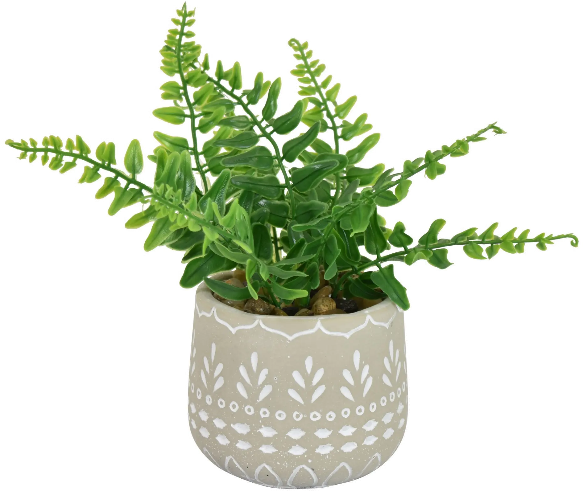 Artificial Green Fern Arrangement in Stone Washed Pot Planter-1