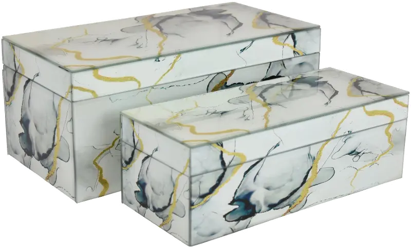 12 Inch Gray and Gold Glass and Wood Decorative Box