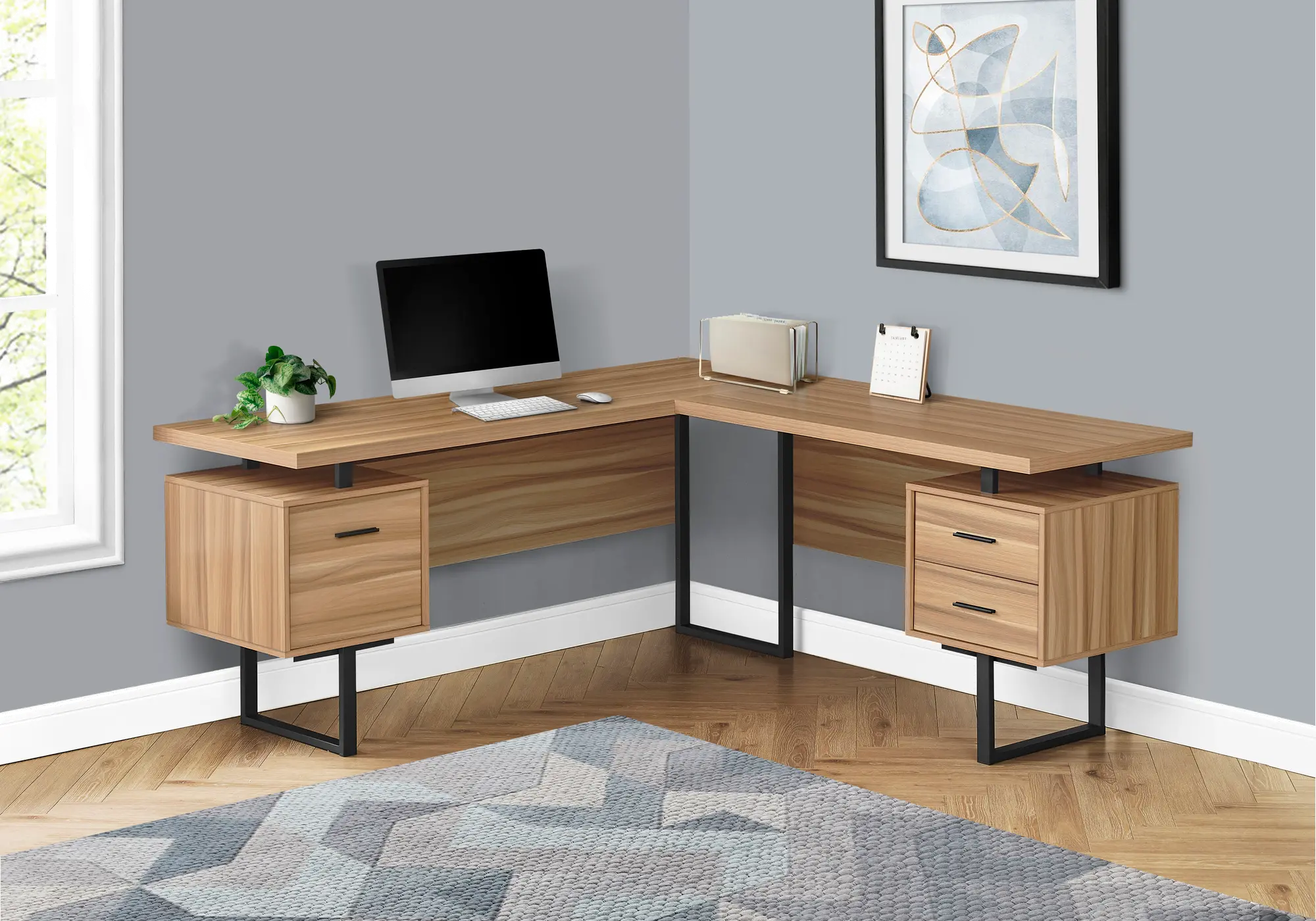 Karner Natural Wood and Black L-Shaped Desk-2