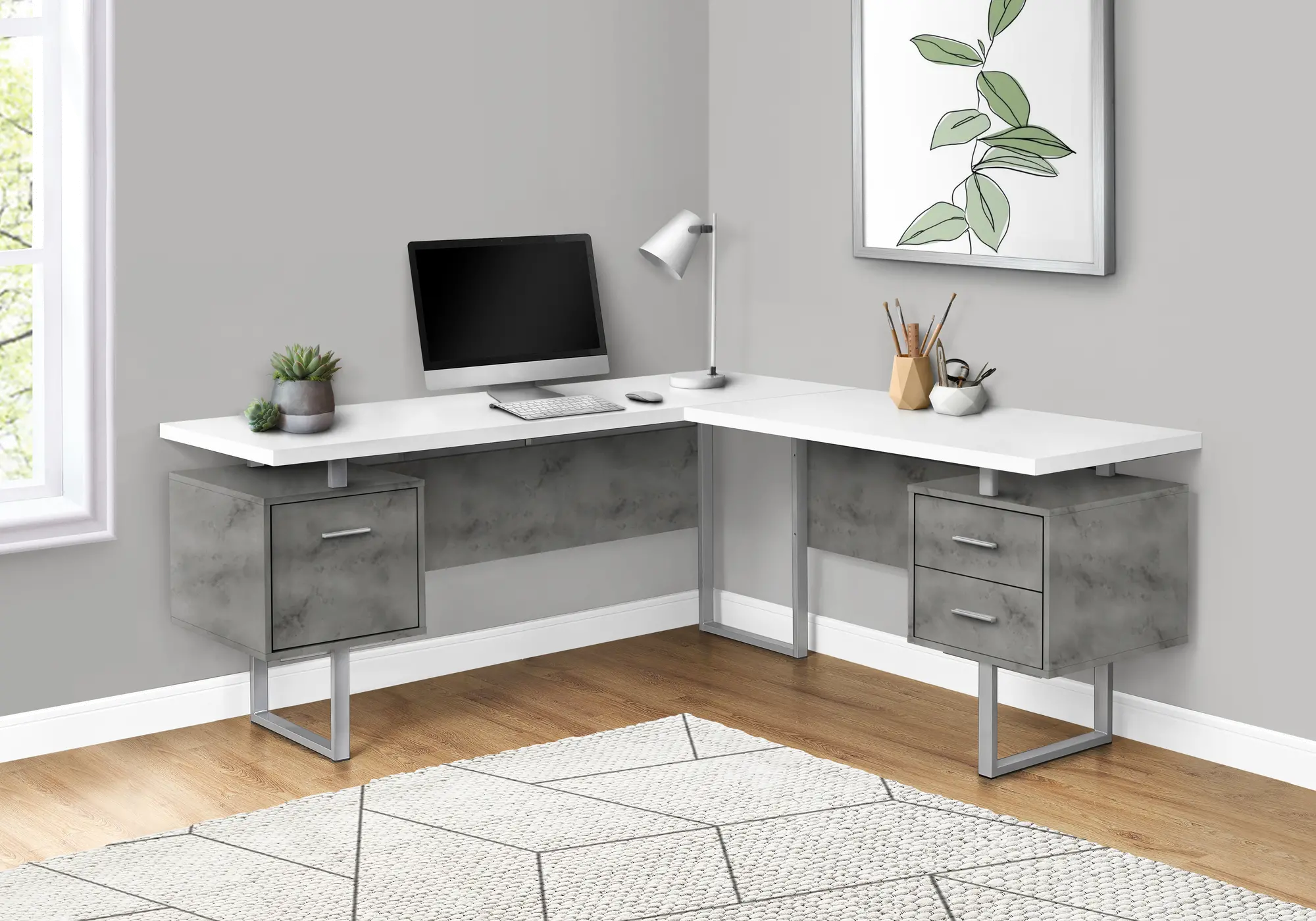 Concrete and White L-Shaped Desk-2