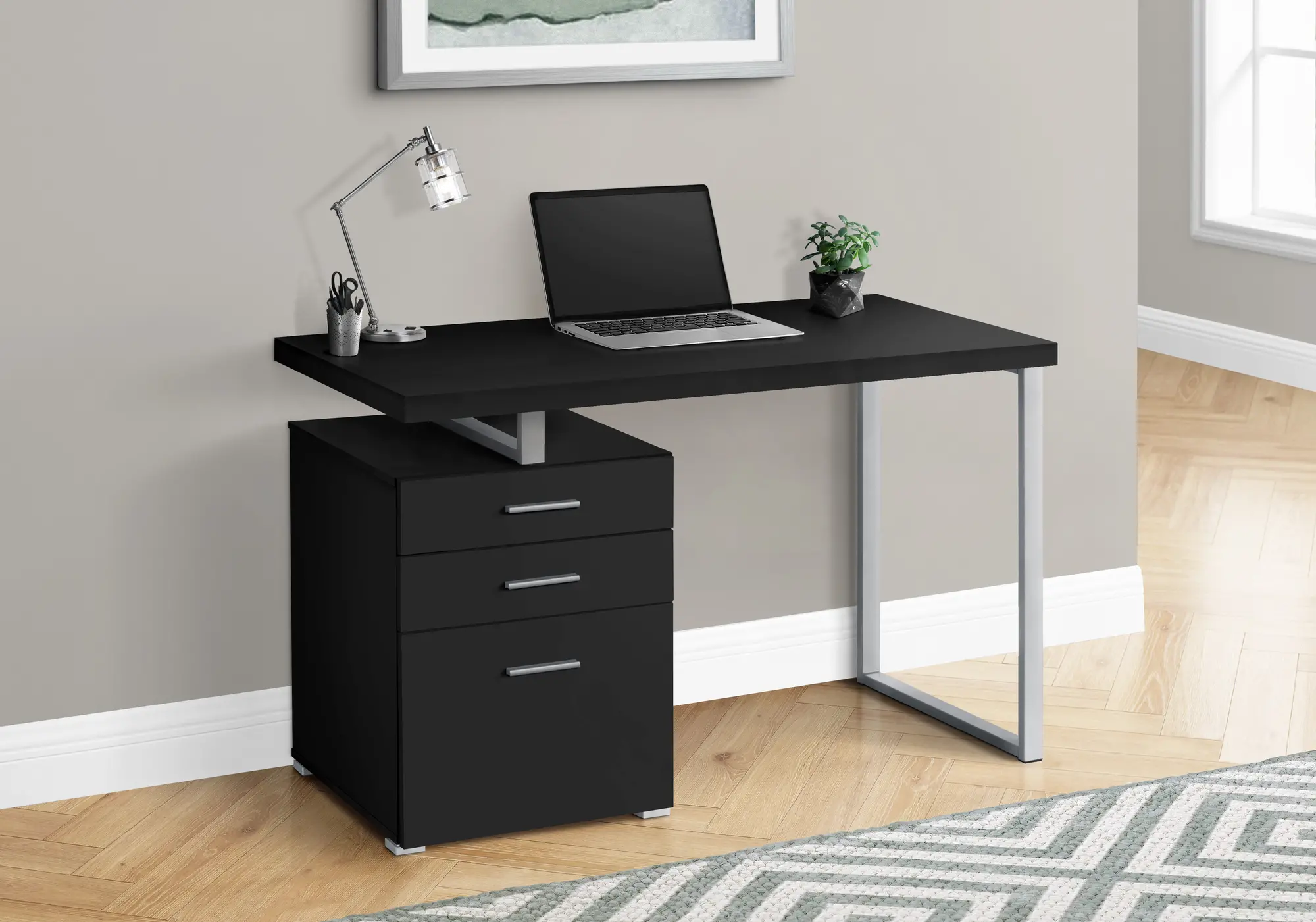 Black and Silver Computer Desk with File Cabinet-2