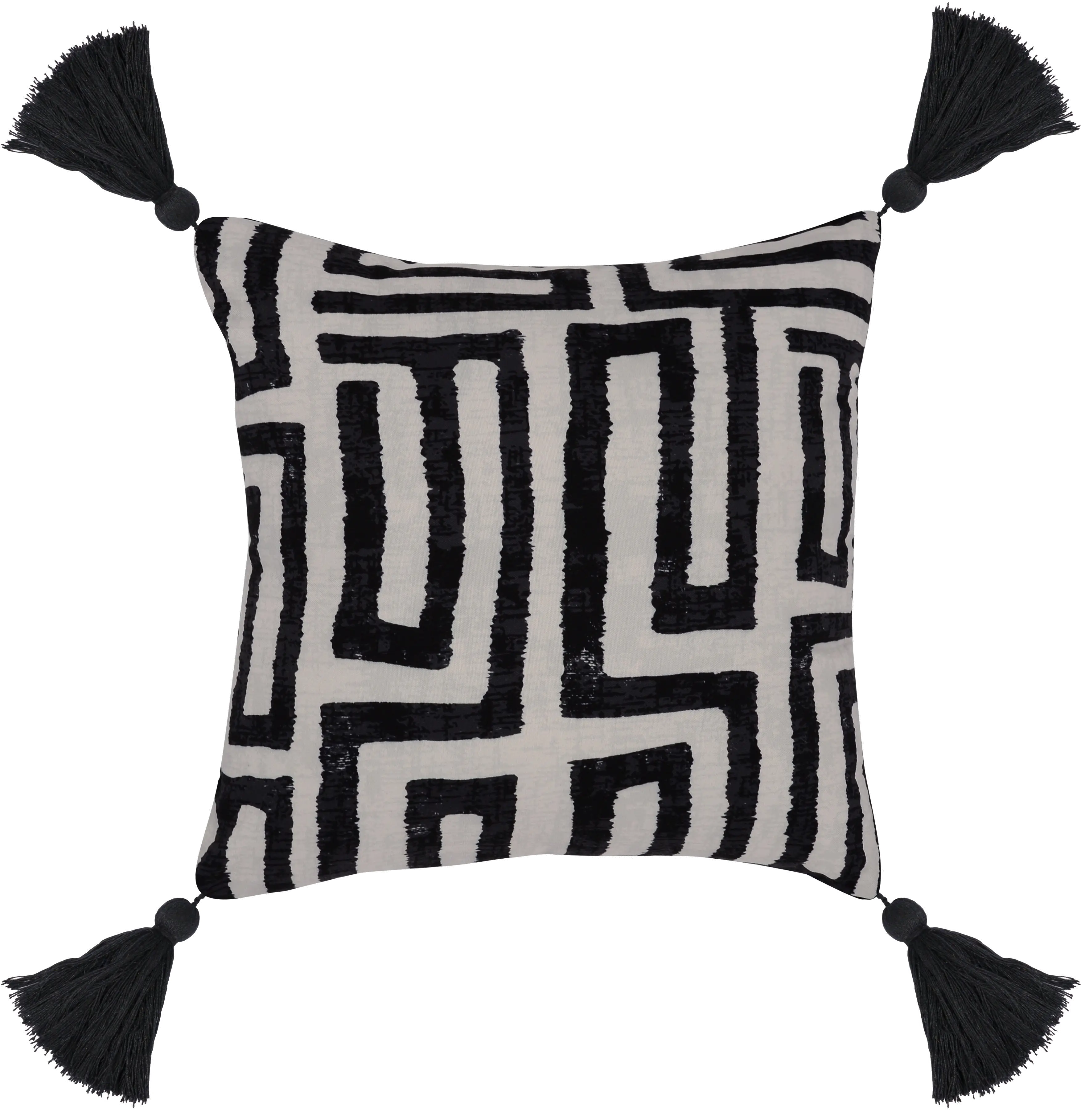 Black Indoor-Outdoor Karo Throw Pillow with Tassels-1