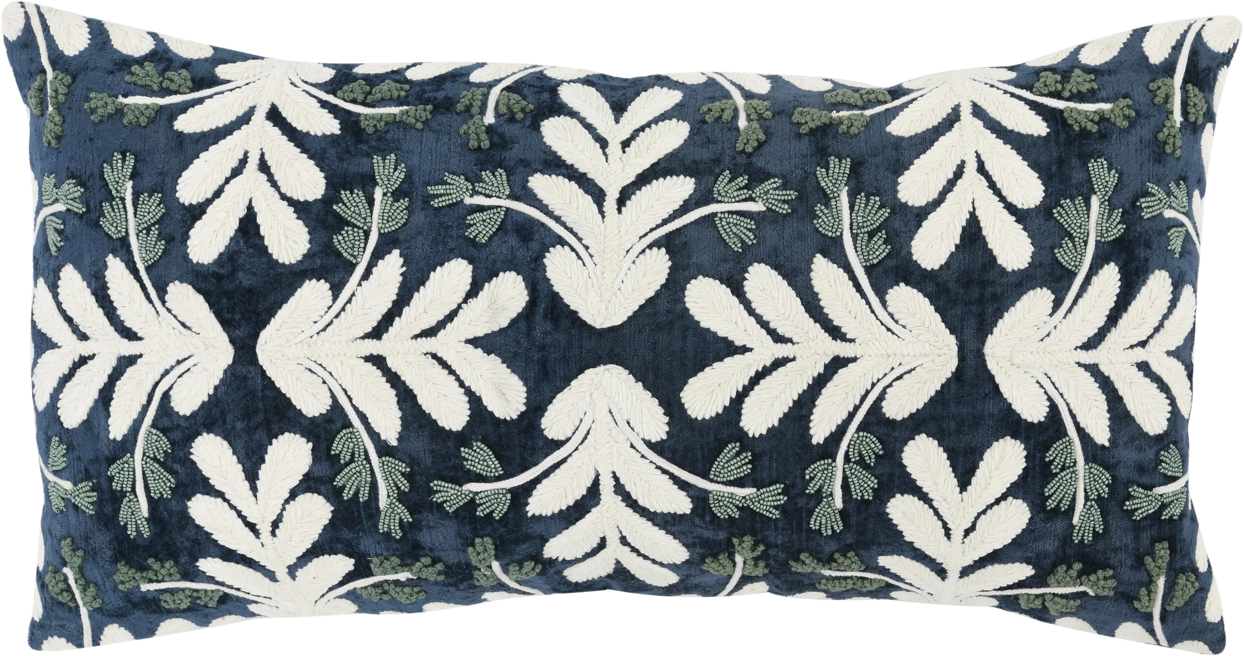 Blue, Green and Off White Rectangle Velvet Throw Pillow-1
