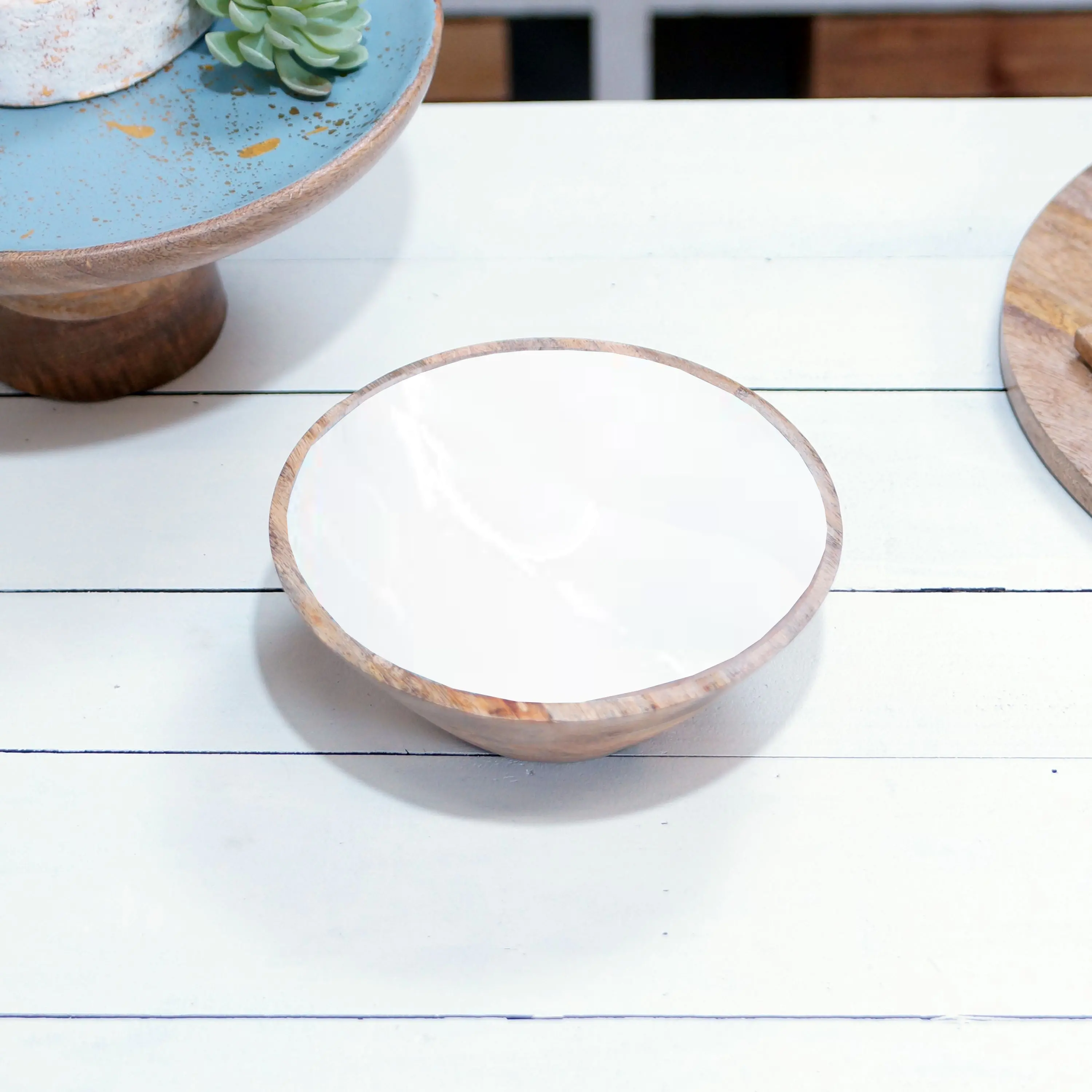 8  Mango Wood and White Enamel Bowl-1