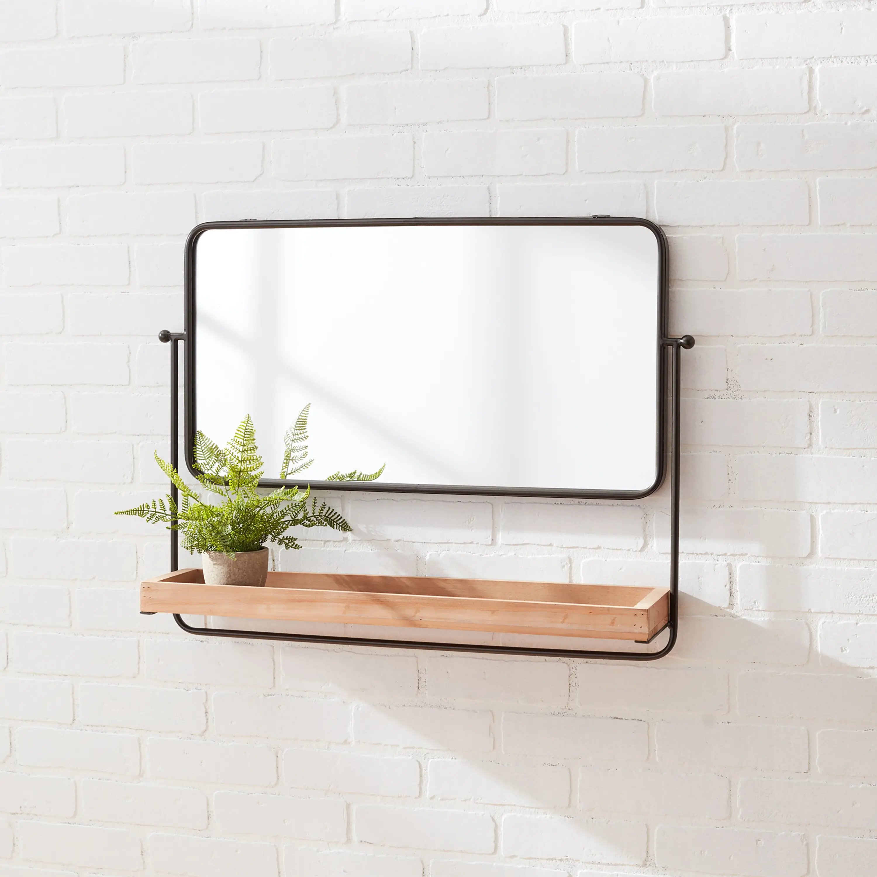 Metal and Wood 28 Inch Wall Mirror with Shelf-2