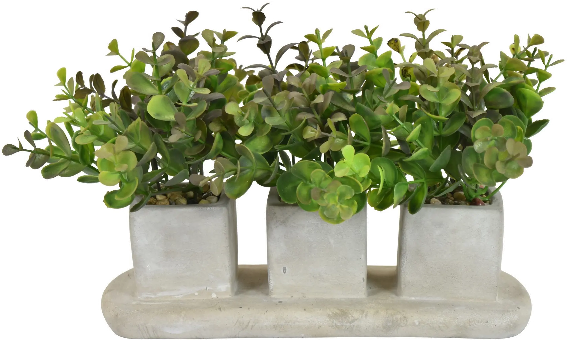 Faux Green Plant Arrangement in Attached 3 Square Planter-1
