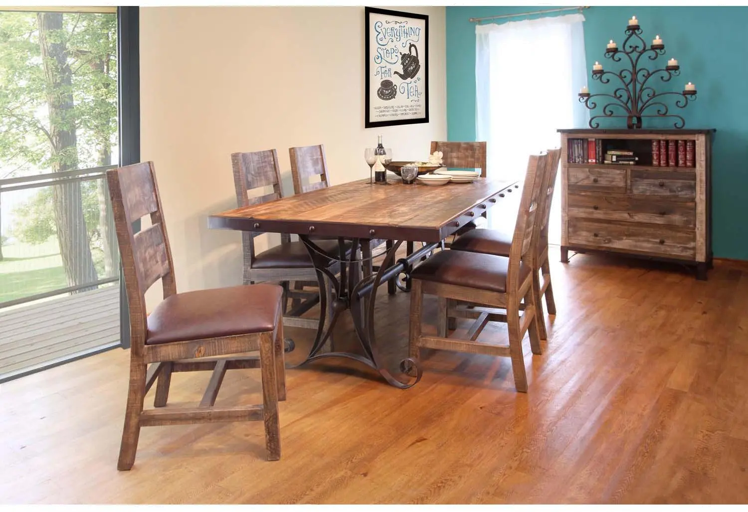 Antique Pine and Metal 5 Piece Dining Room Set-2
