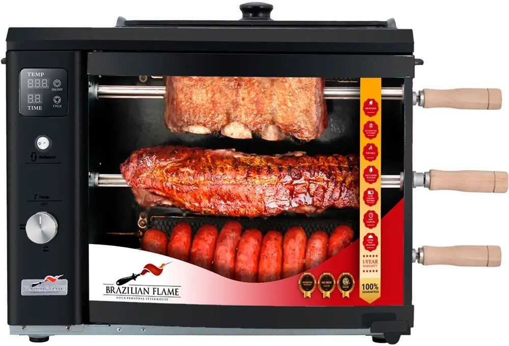 BG-03LXK-BLACK Brazilian Flame Rotisserie Grill with 3 Skewers and Upper Tray - Black-1