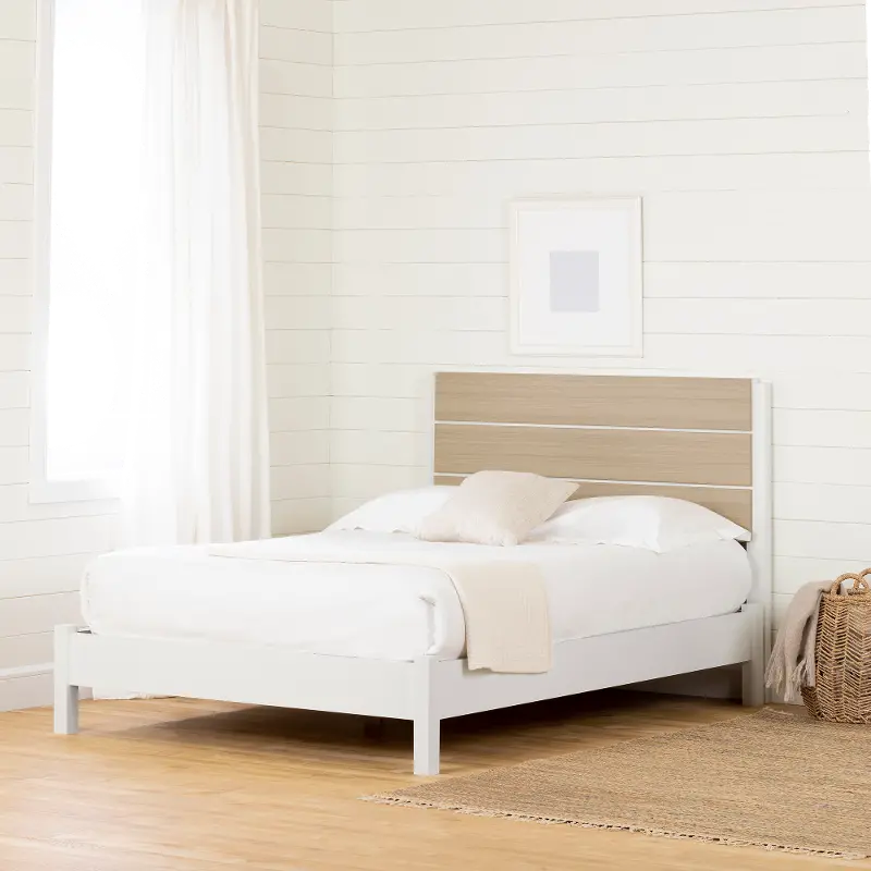 White and Elm Full Platform Bed with Headboard - South Shore
