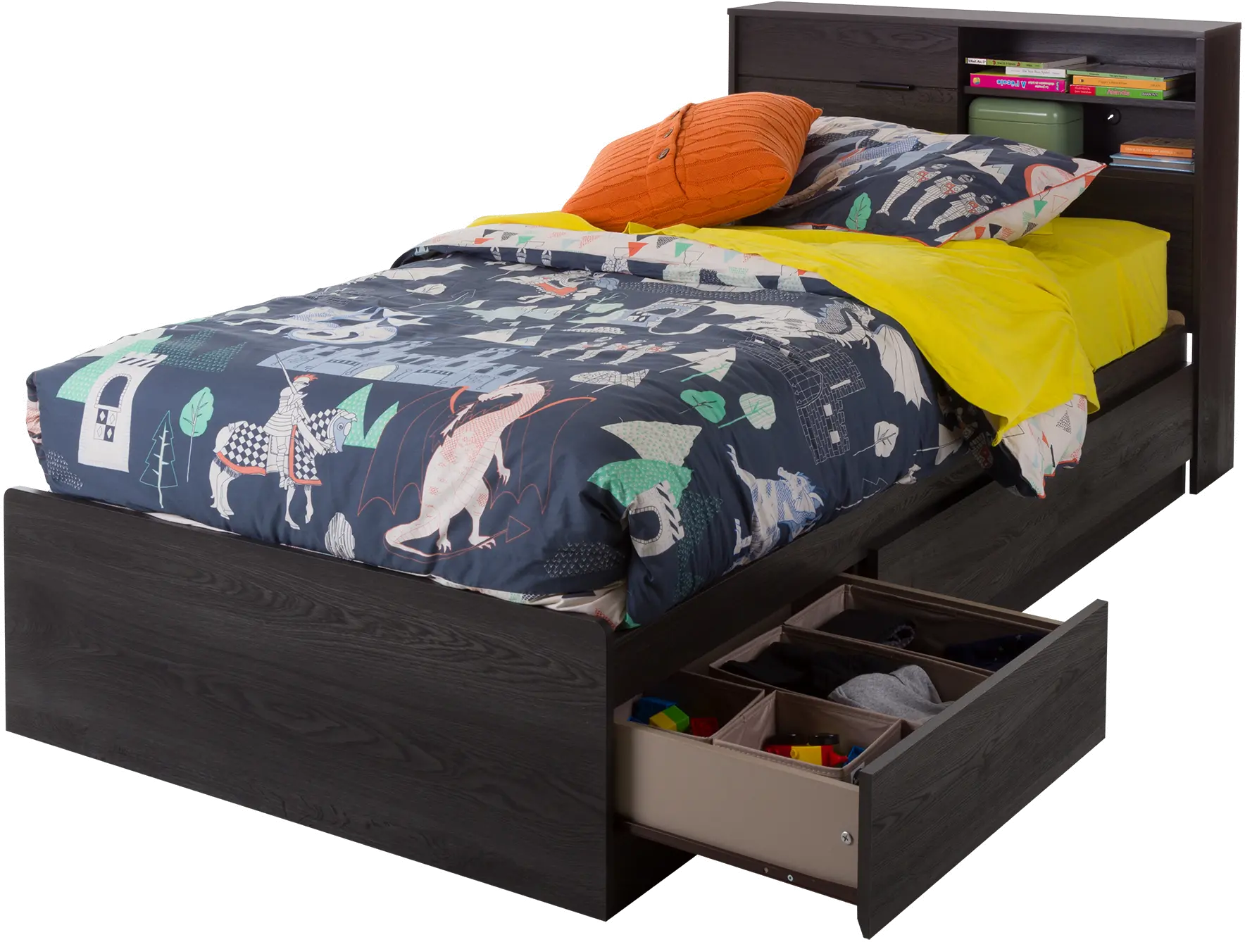 12507 Modern Gray Oak Bed with Bookcase Headboard - South Shore-1