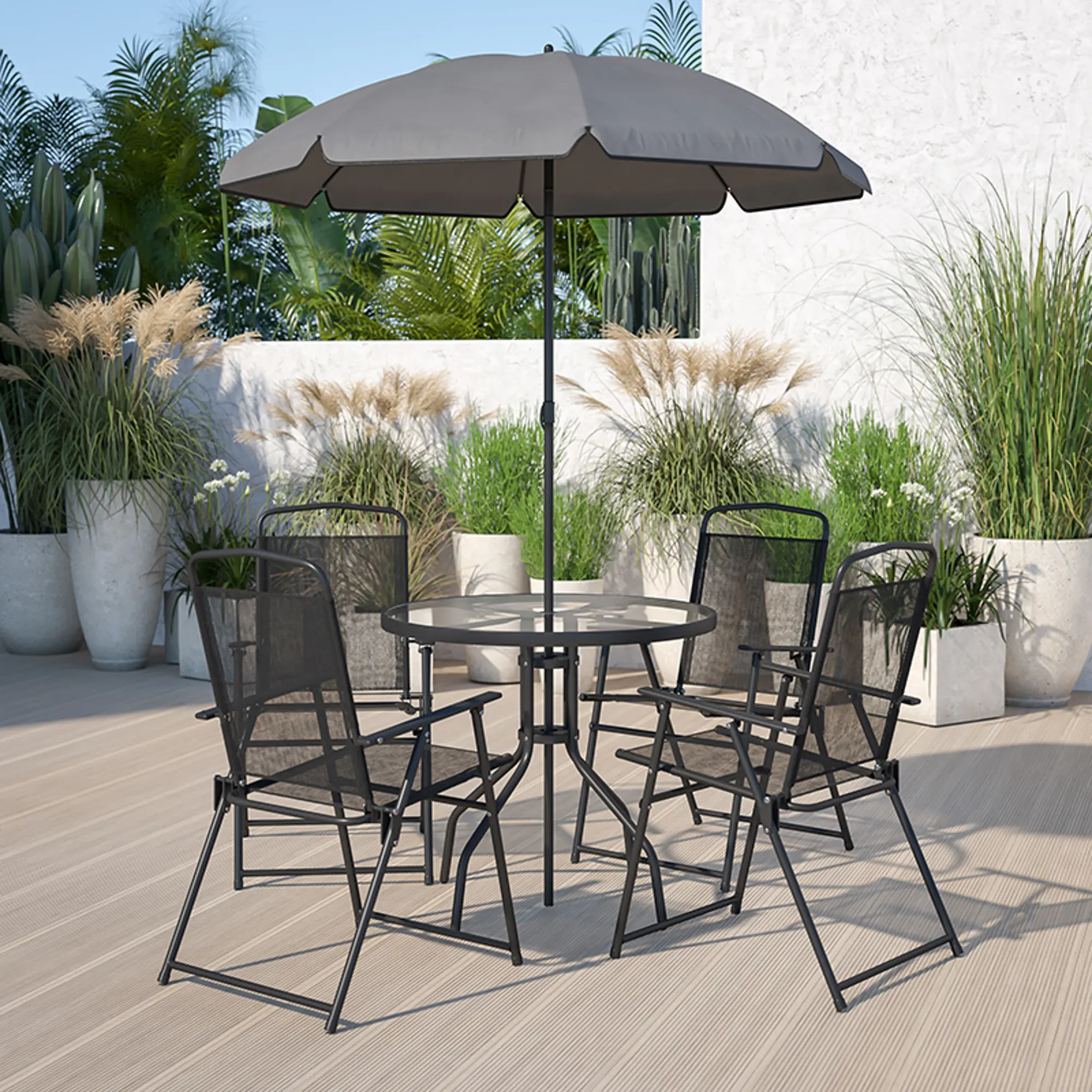 6 seat outdoor patio set with umbrella Vongrasig Piece Folding Dining Set,Small Metal Garden Patio Table and Chair w/Umbrella for Lawn,Deck,Backyard,Black : Patio, Lawn & Garden The set includes a large round dining table designed with an umbrella hole Outsunny 6 Piece Outdoor Patio