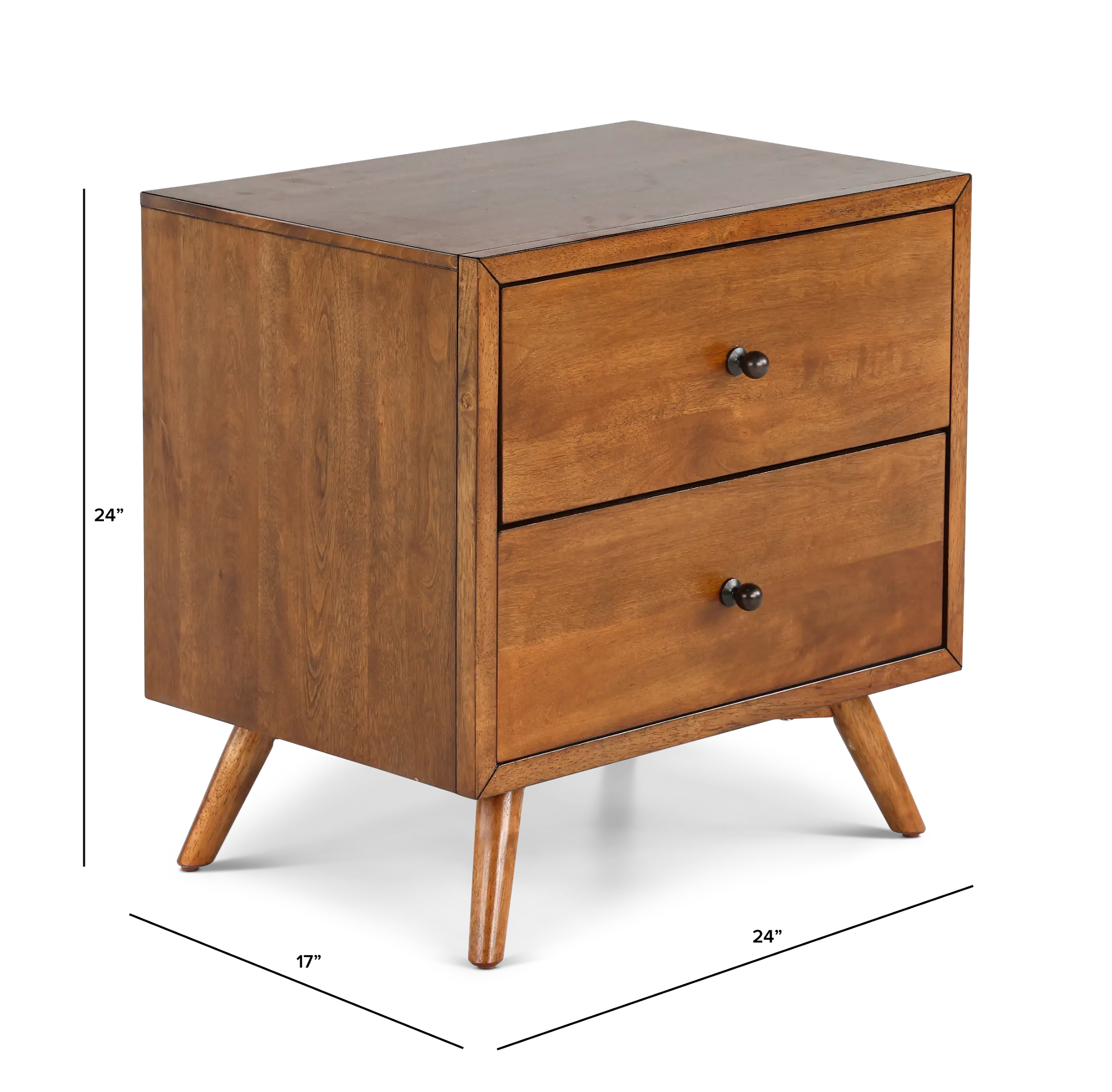 Wooden cabinet with black panel on one side and angled legs, back view