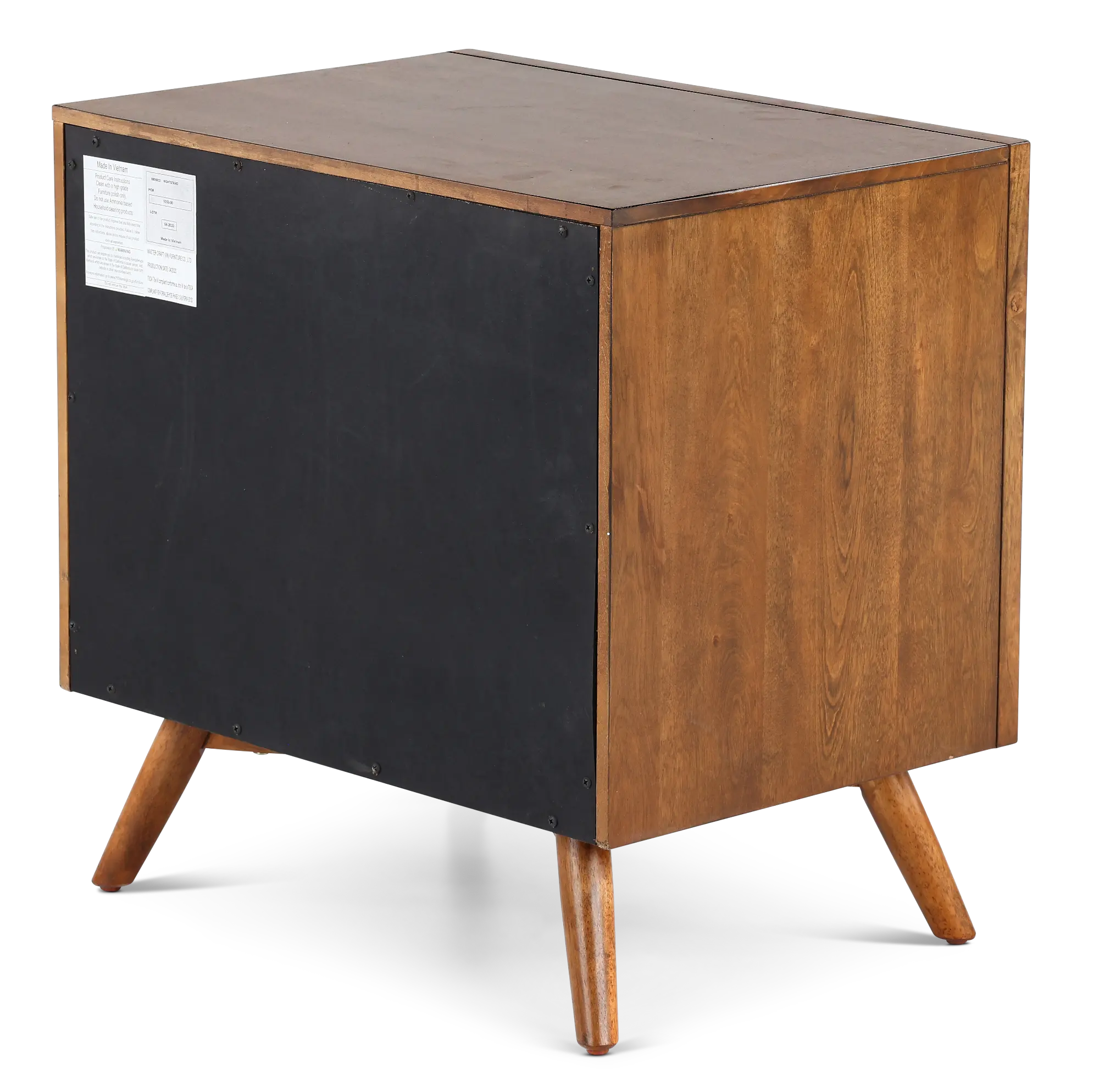 Front view of small wooden nightstand with two drawers and angled legs
