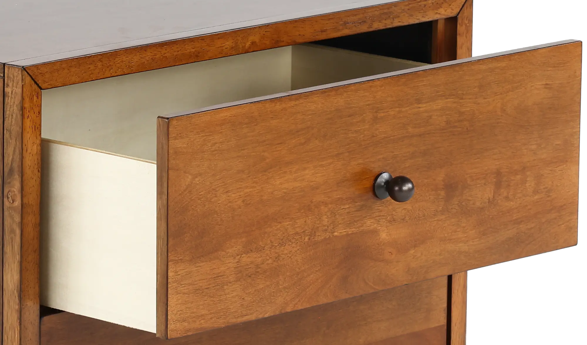 Close-up of angled wooden leg and bottom edge of nightstand