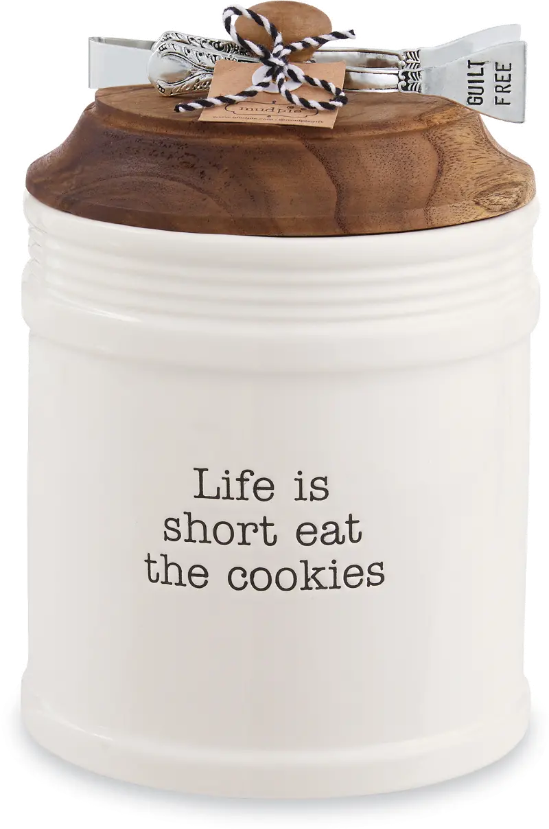 Life Is Short White Cookie Jar Set with Tongs