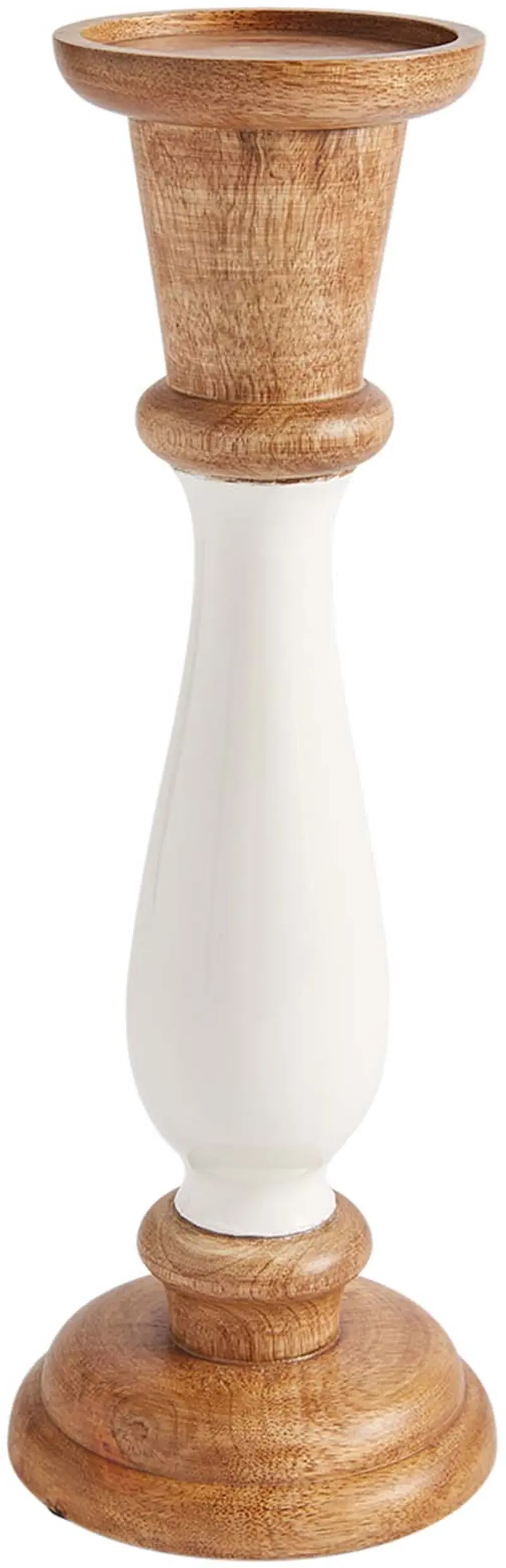 13 Inch White Enamel and Mango Wood Hand Turned Candlestick