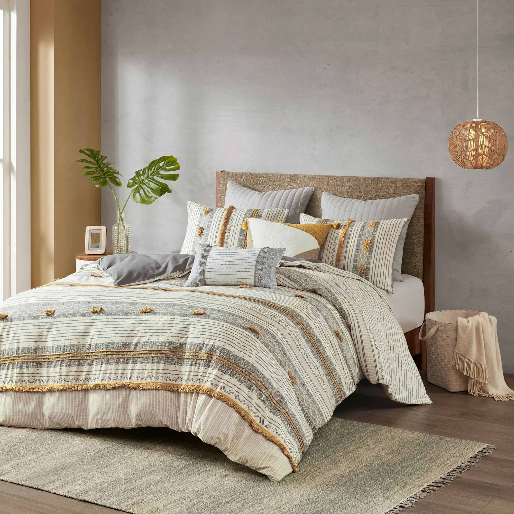Gray and Yellow Striped King Cody 3 Piece Bedding Collection-2