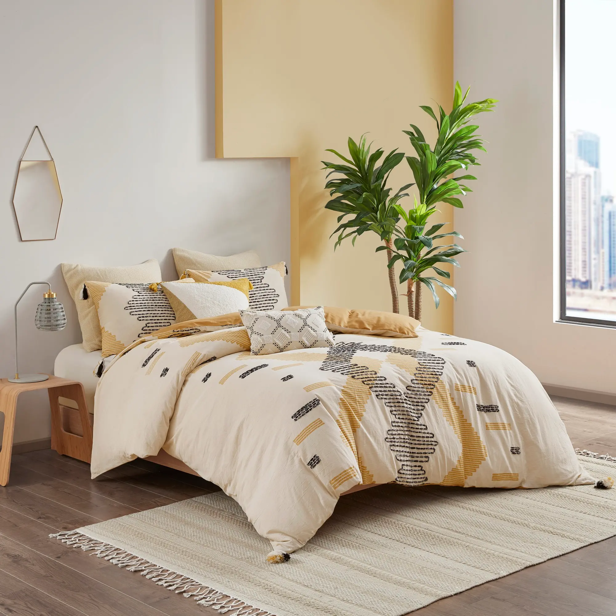 Yellow and Gray Geometric Queen Arizona 3 Piece Bedding Collection-1