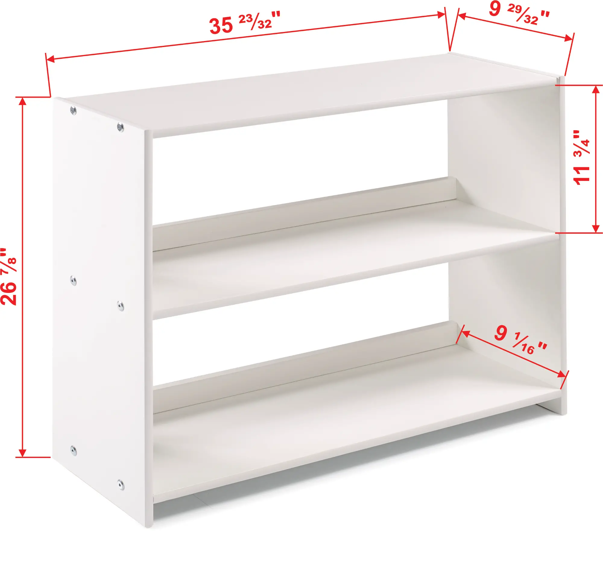 White shelving unit with three shelves and exact dimensions annotated: 35 23/32 inches wide, 9 29/32 inches deep, 26 7/8 inches tall overall, internal shelf height 11 3/4 inches, bottom shelf depth 9 1/16 inches.