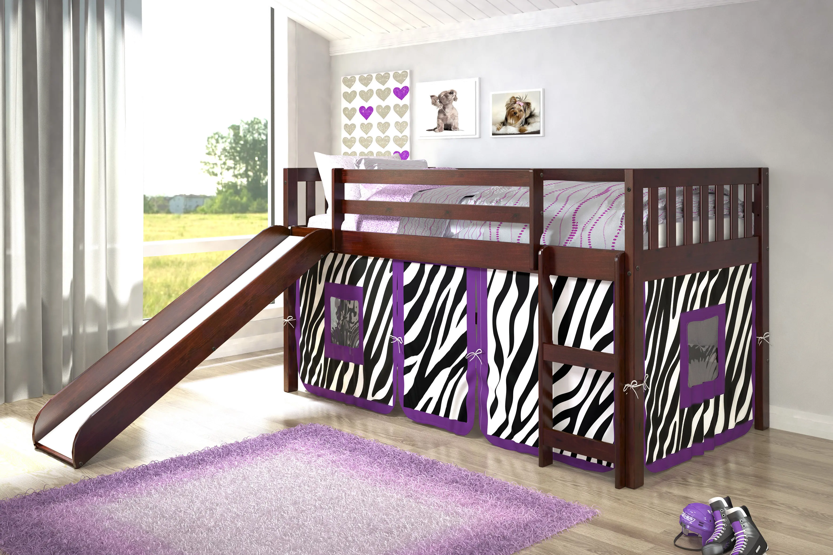 Mission Loft Cappuccino Twin Bed with Purple Zebra Tent-2