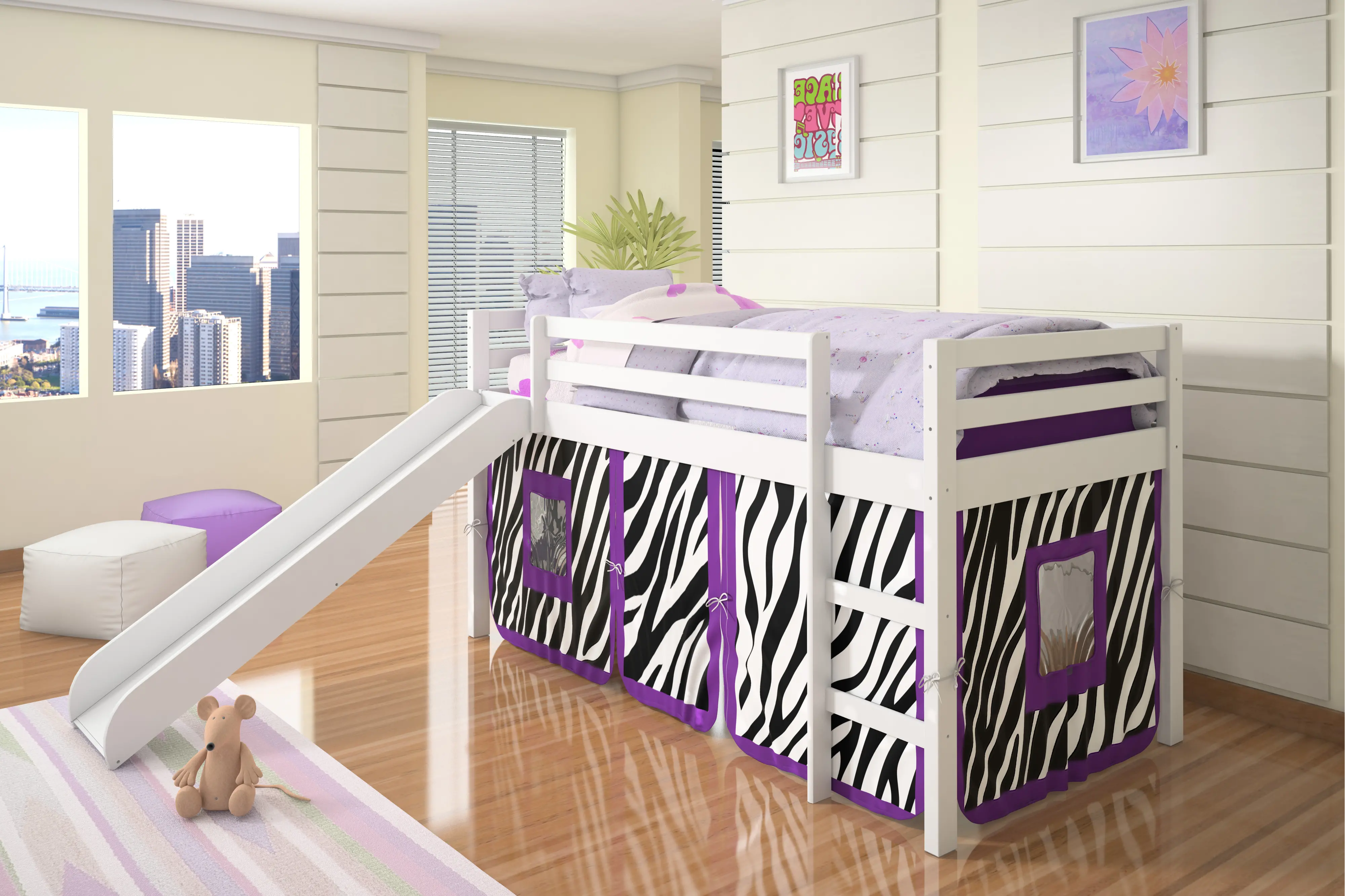 Haven White Twin Bed with Purple Zebra Tent-2