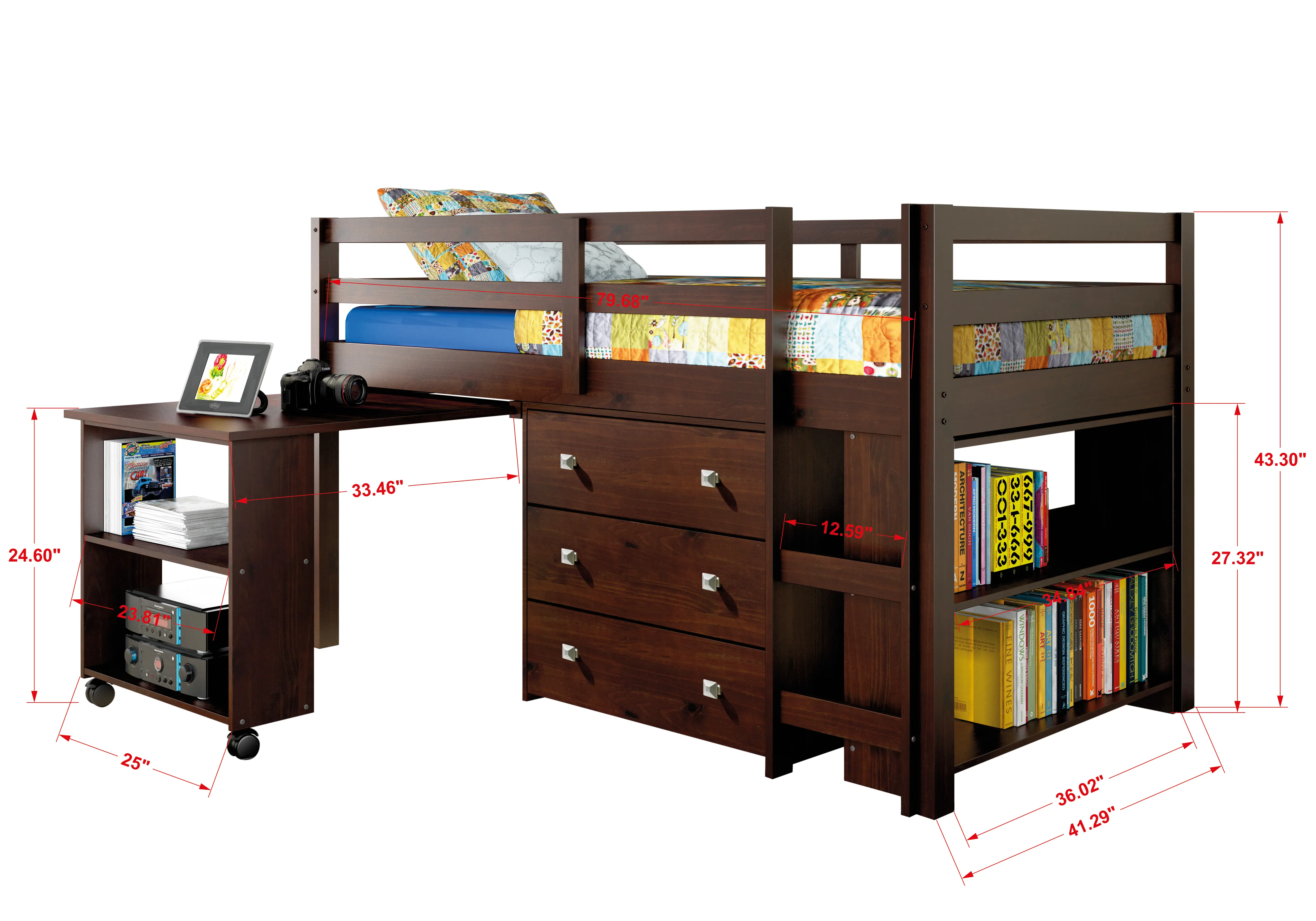 Kaycee Dark Cappuccino Twin Loft Bed with Student Desk-4