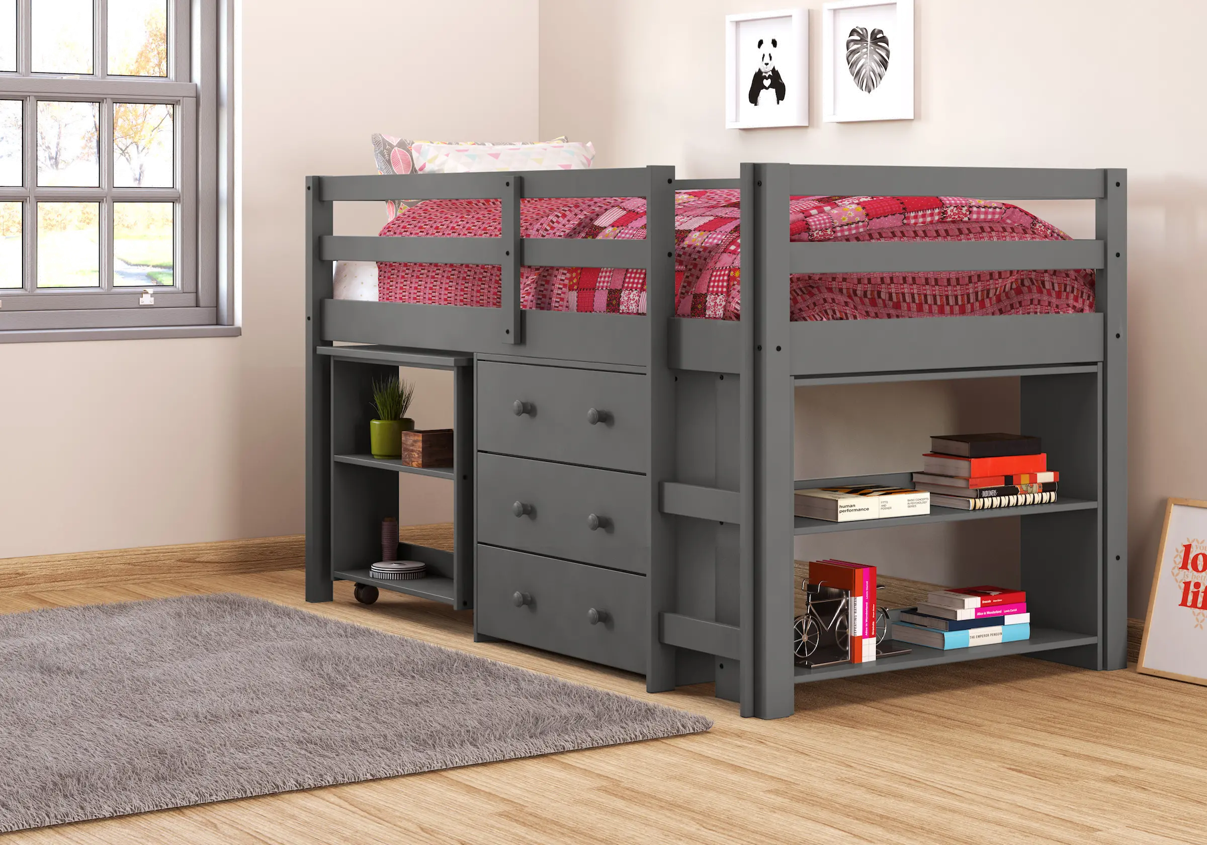 Kaycee Dark Gray Twin Loft Bed with Student Desk-2