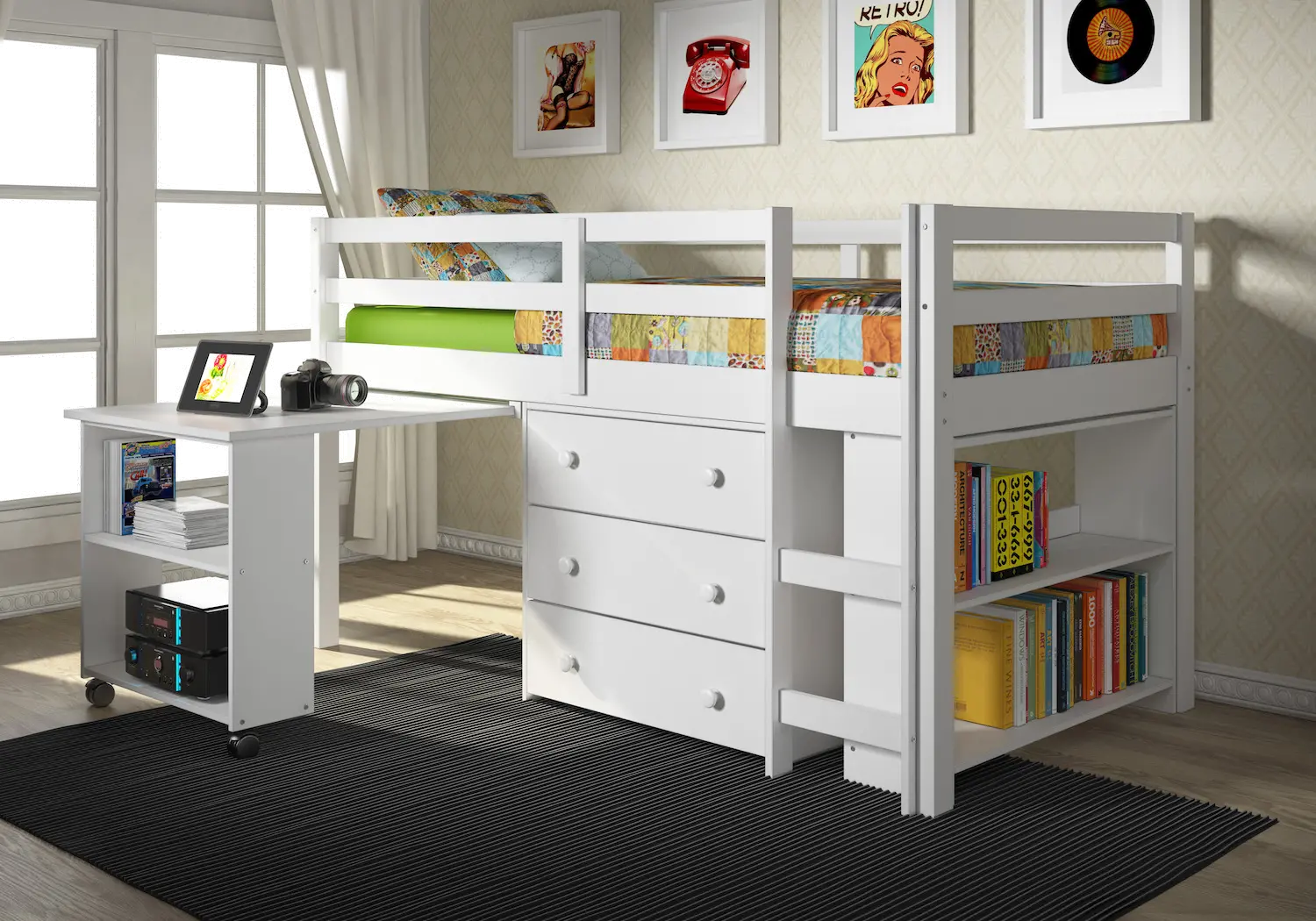 Kaycee White Twin Loft Bed with Student Desk-2