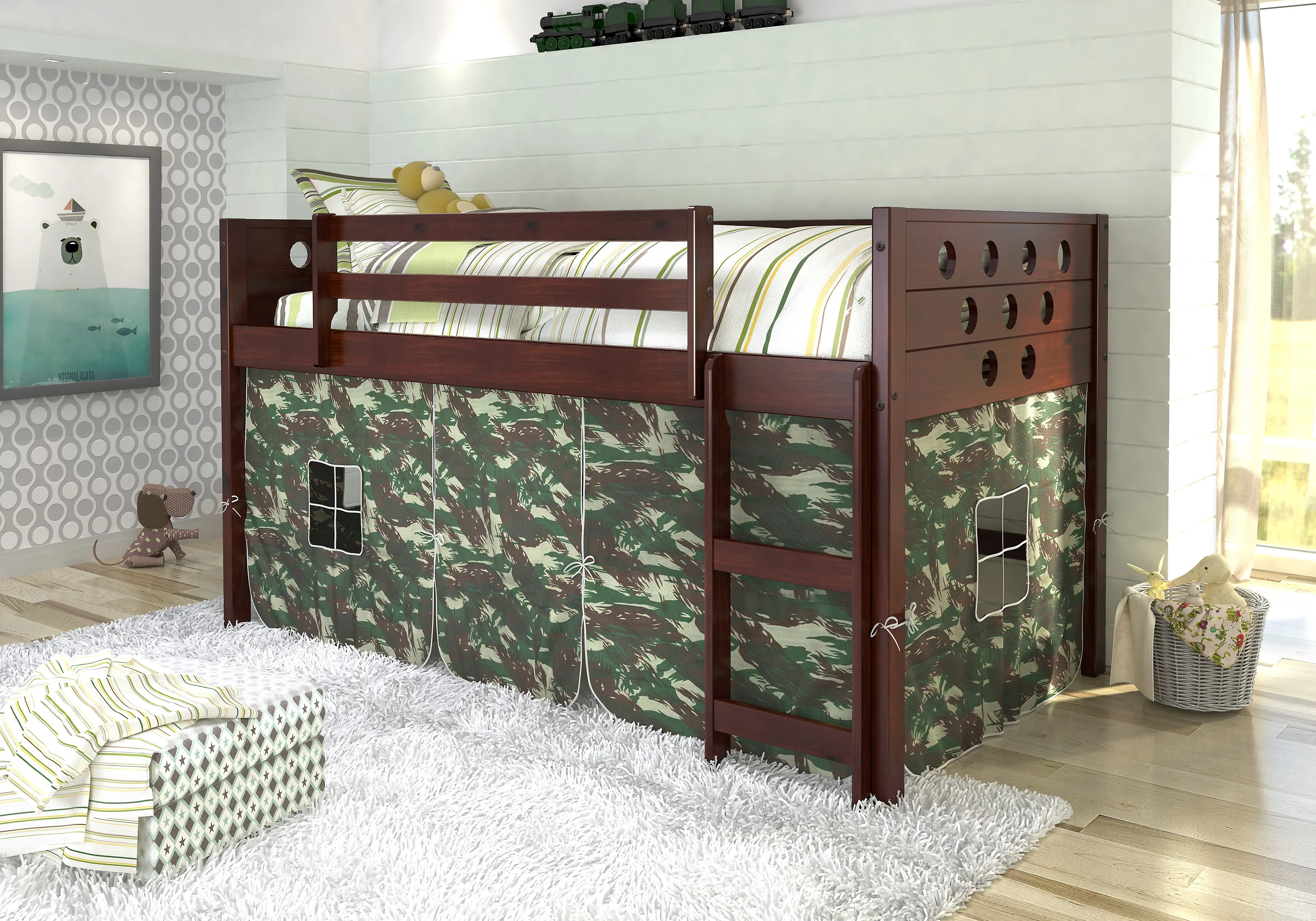 Boston Dark Brown Cappuccino Twin Loft Bed with Camo Tent-2
