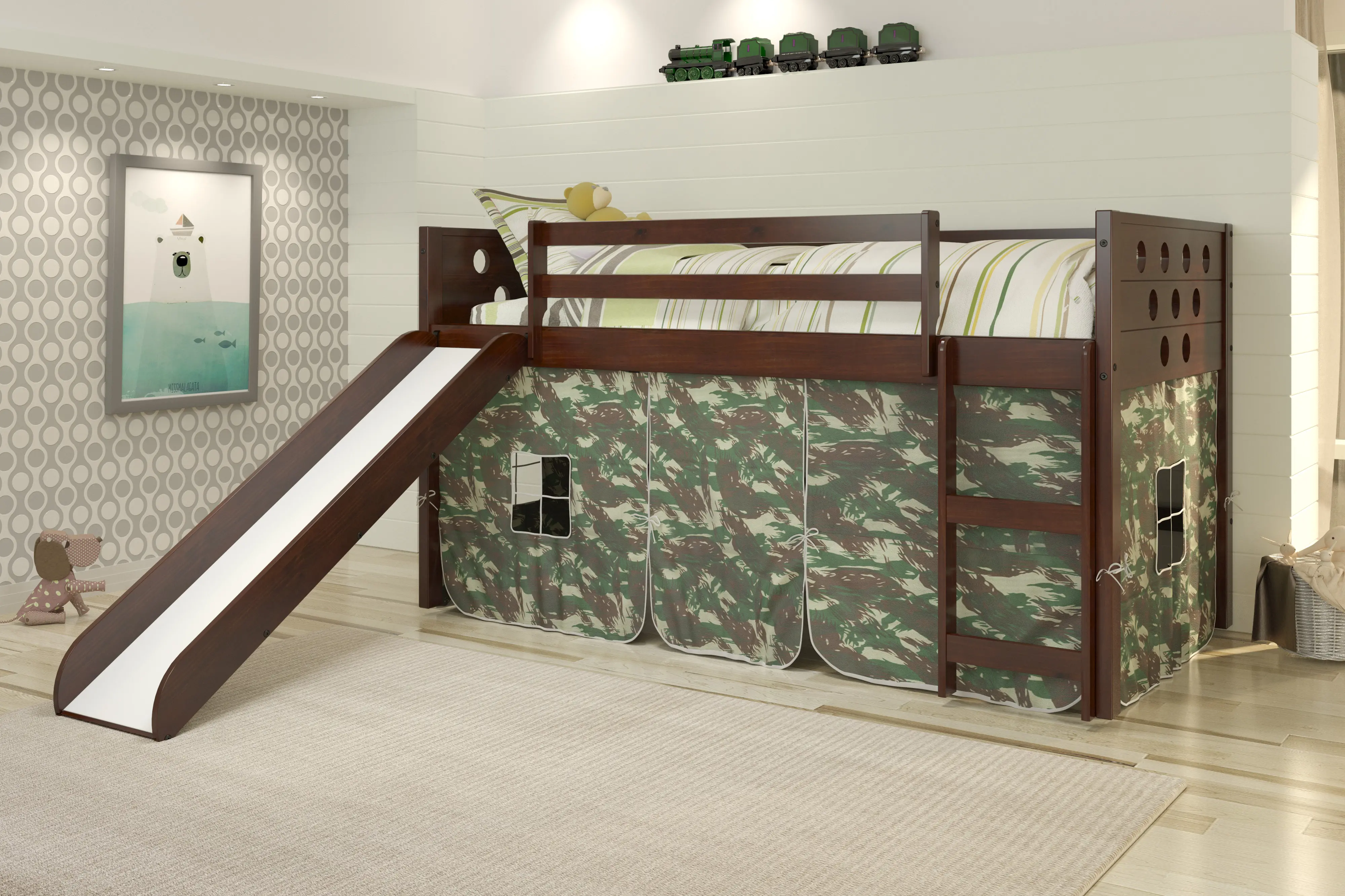 Boston Dark Brown Cappuccino Twin Loft Bed with Camo Tent and Slide-2