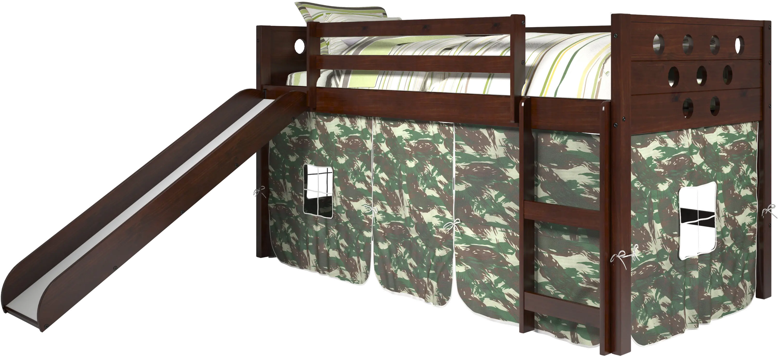 Boston Dark Brown Cappuccino Twin Loft Bed with Camo Tent and Slide-1