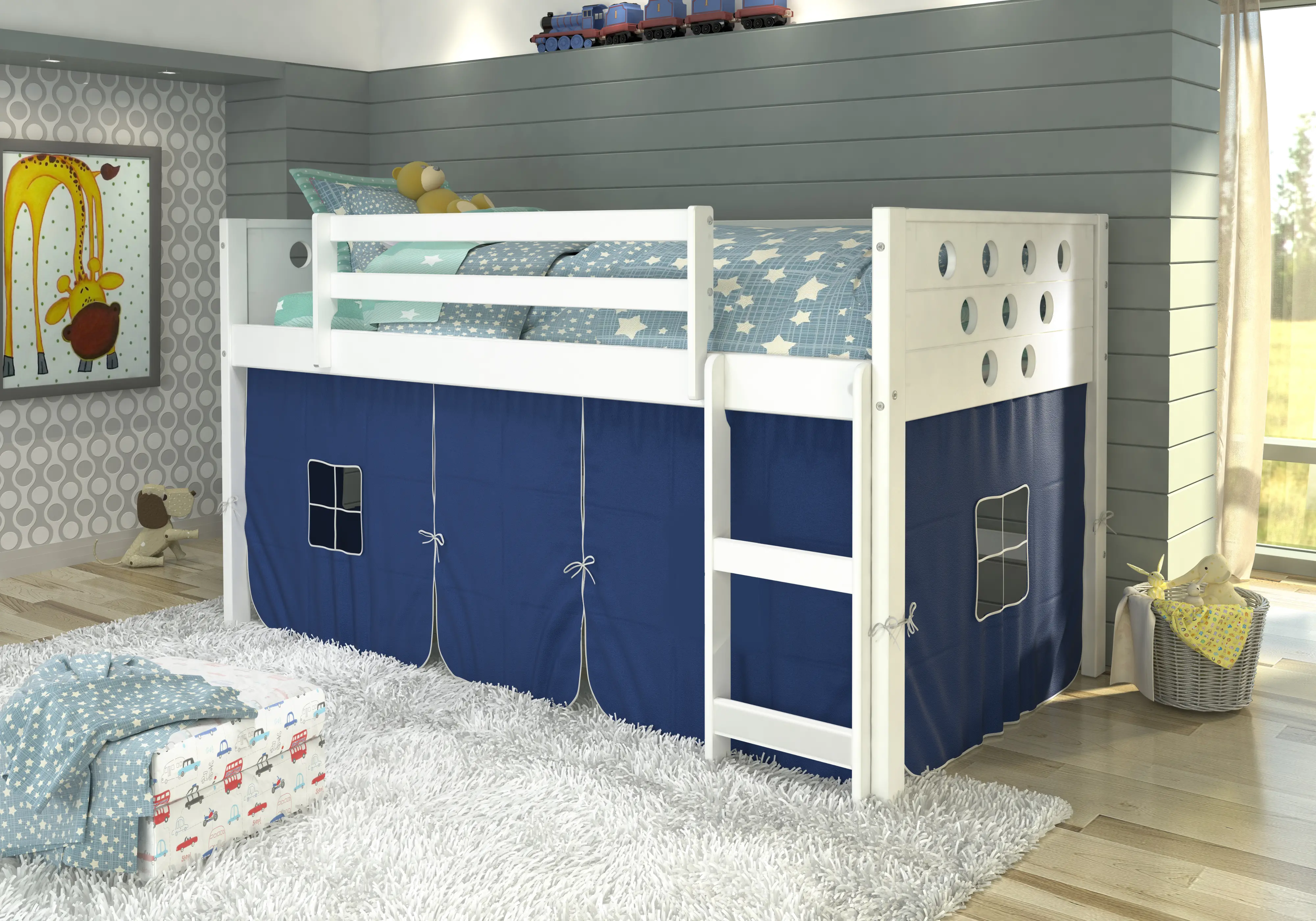 Boston White Twin Loft Bed with Blue Tent-2