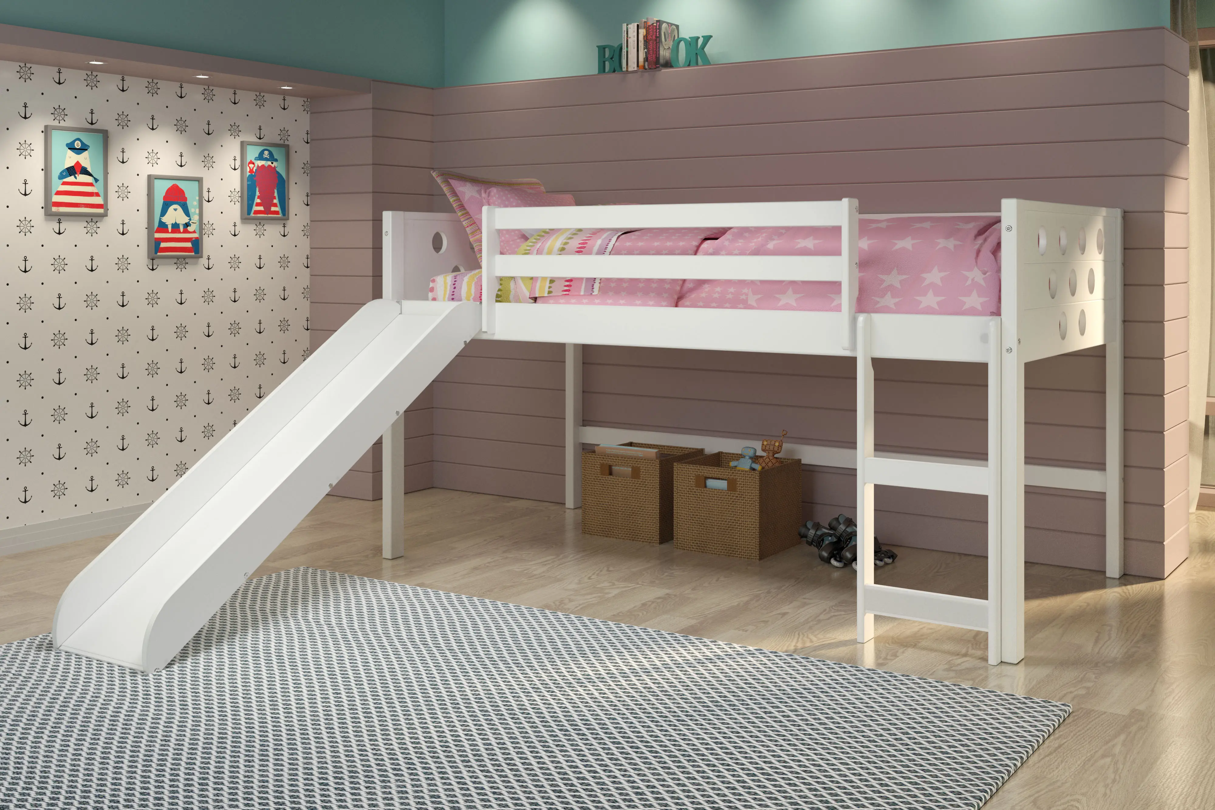 Boston White Twin Loft Bed with Slide-2