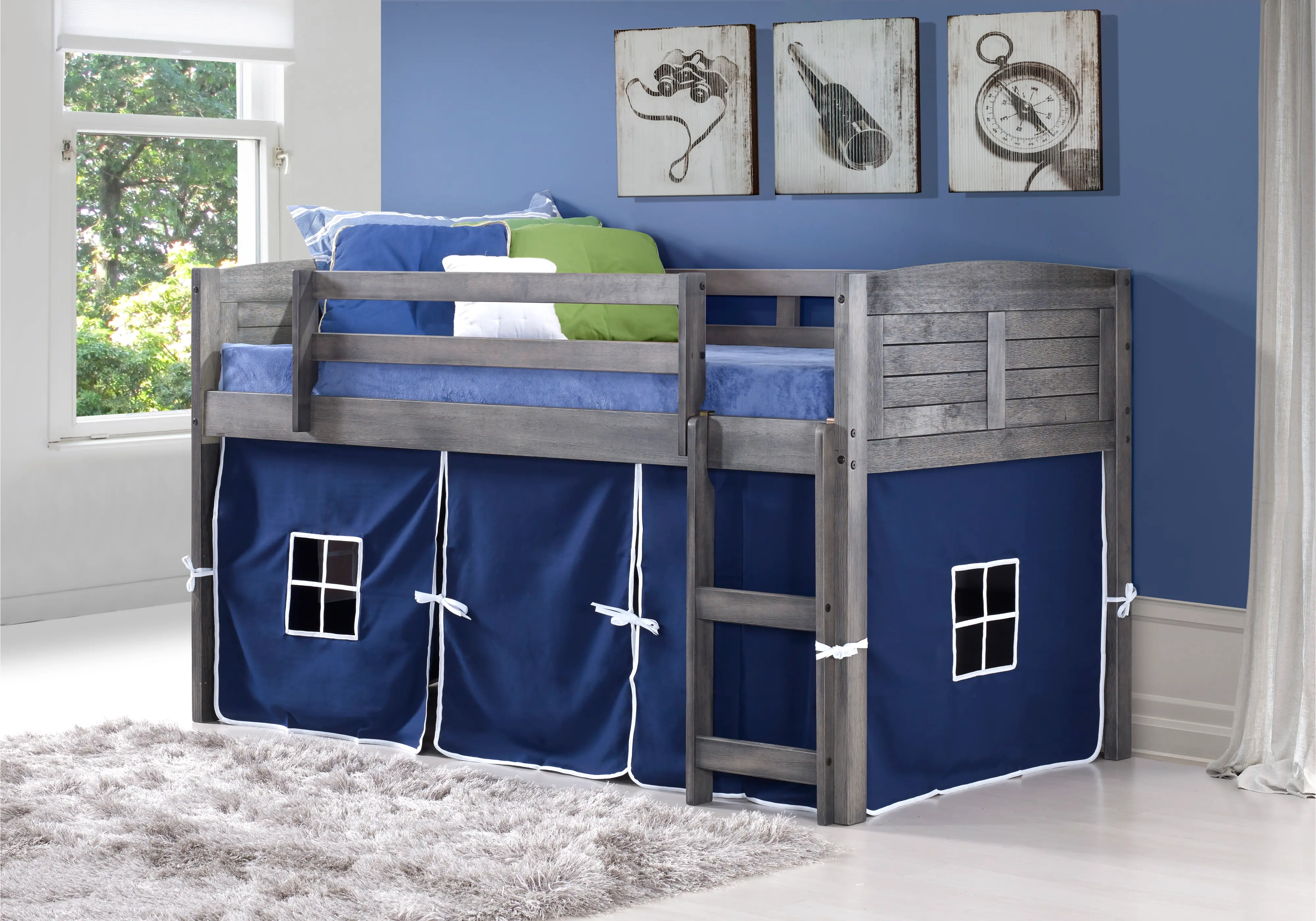 Louver Antique Gray Twin Loft Bed with Blue Tent | RC Willey
